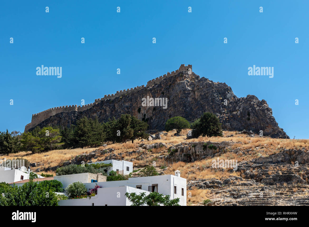 Athena's Temple, Świątynia Ateny. Lindos was founded by the Dorians led by the king Tlepolemus of Rhodes, who arrived in about the 10th century BC. It Stock Photo