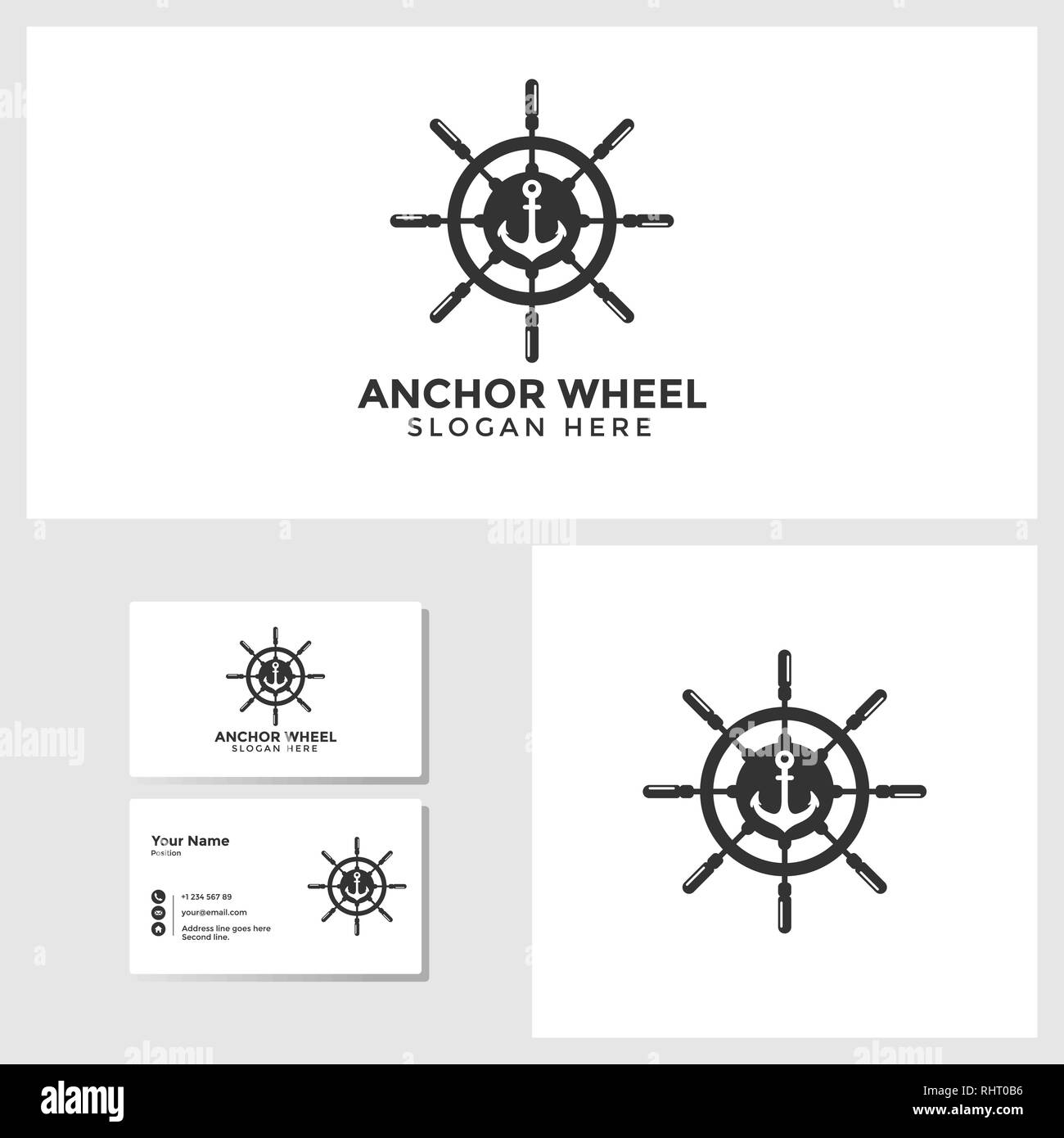 Anchor wheel logo template with business card design mockup vector