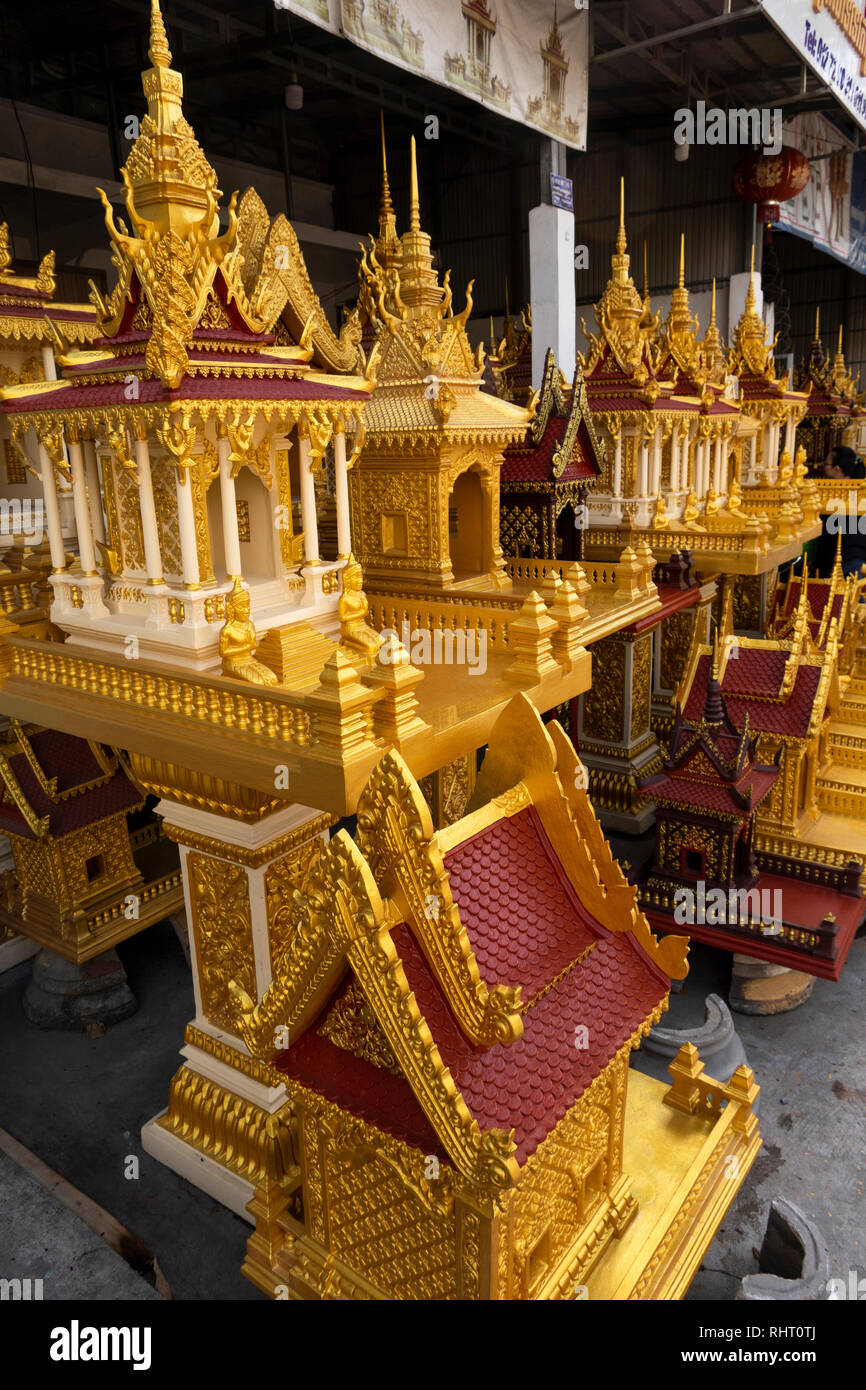 Cambodia, Phnom Penh, Preah Norodom Boulevard, Buddhist spirit houses on display outside shop