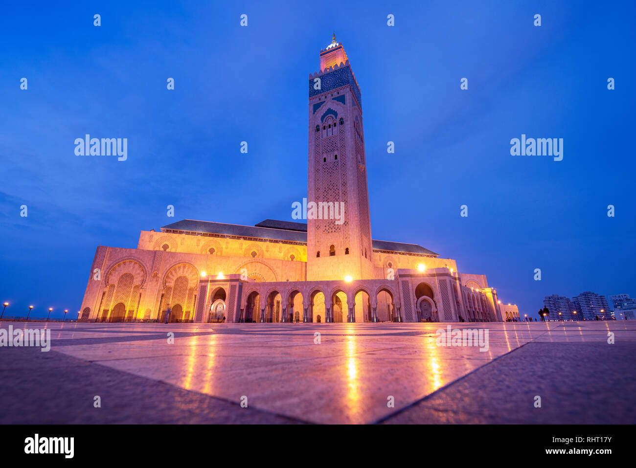 The Hassan II Mosque at the night. The largest mosque in Morocco and one of the most beautiful. Casablanca, Morocco after sunset Stock Photo