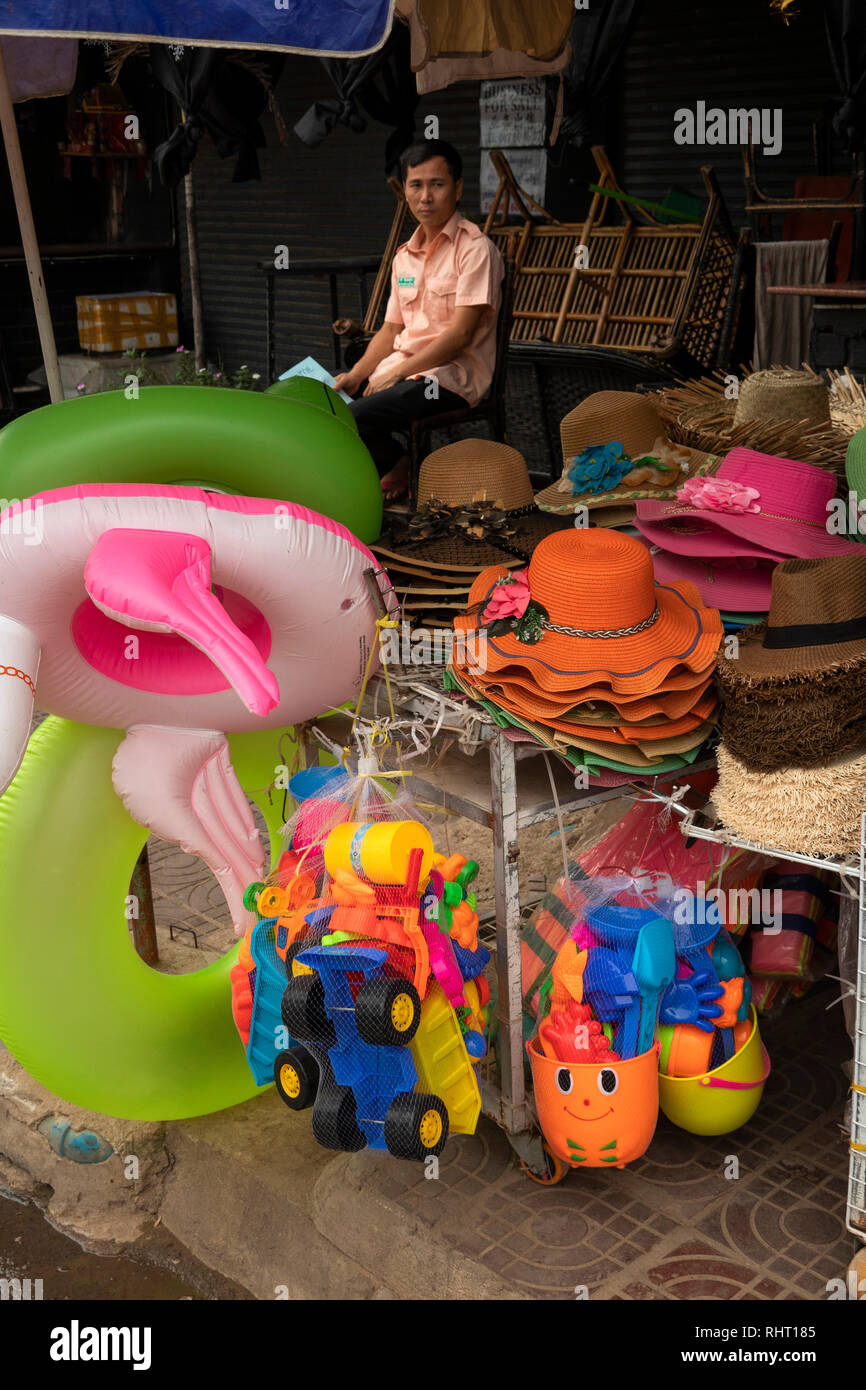 Cambodia, Preah Sihanoukh, Sihanoukhville, Serendipity Street, inflatable toys outside beach supplies shop Stock Photo