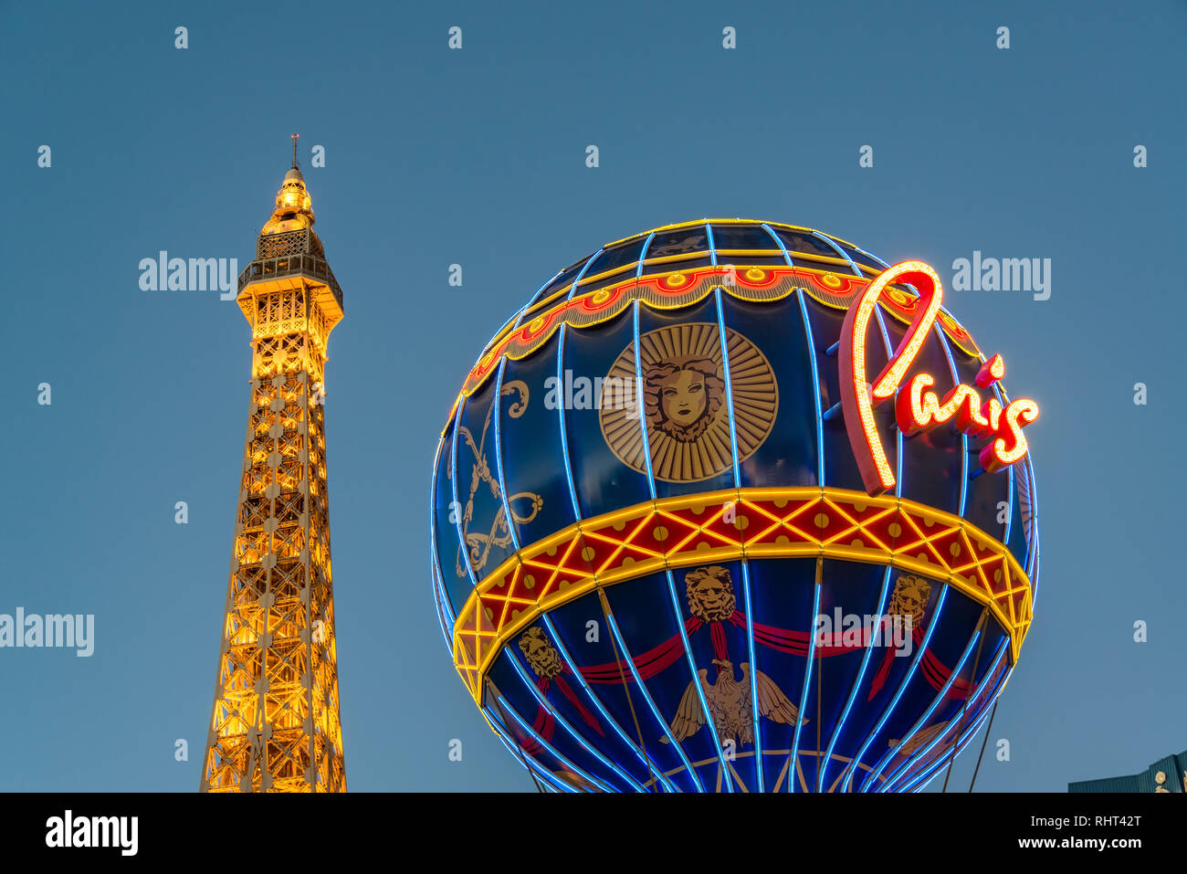 Paris Casino Balloon and Eiffel Tower neon lights Las Vegas NV Stock Photo  - Alamy