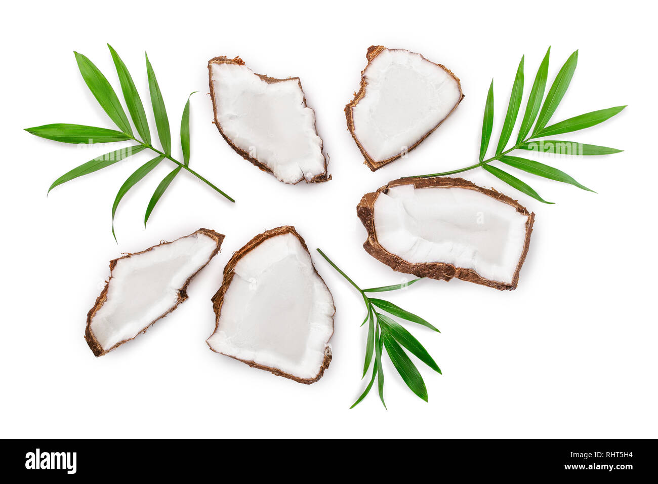 piece of coconut with leaves isolated on white background. Top view. Flat lay Stock Photo