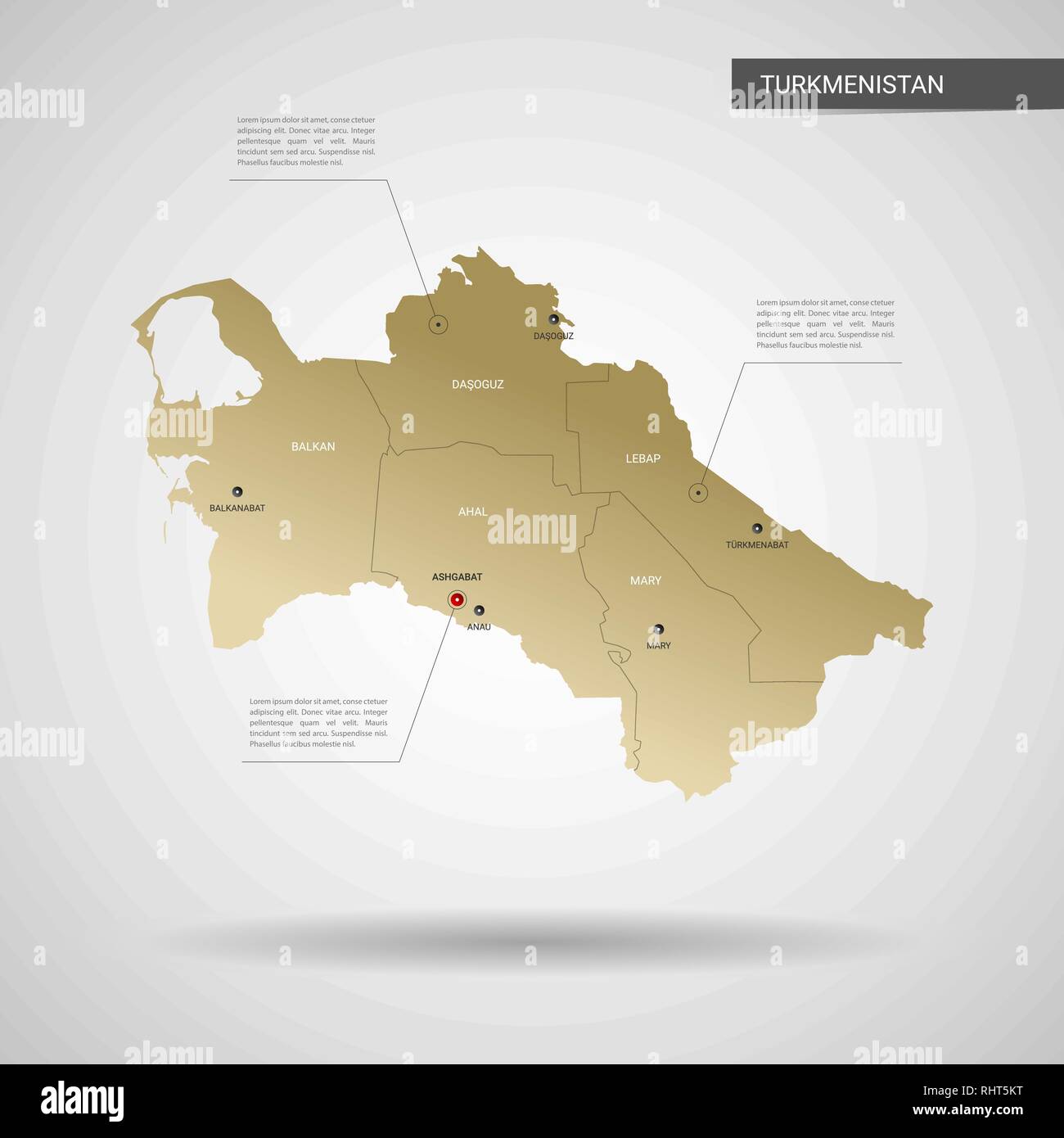 Stylized Vector Turkmenistan Map Infographic 3d Gold Map Illustration With Cities Borders 