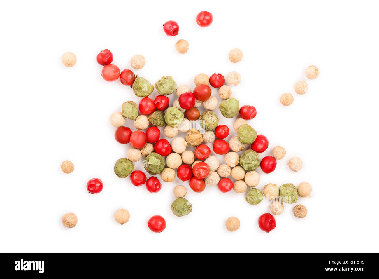 Mixed of peppercorn red white and green pepper isolated on white background. Top view Stock Photo