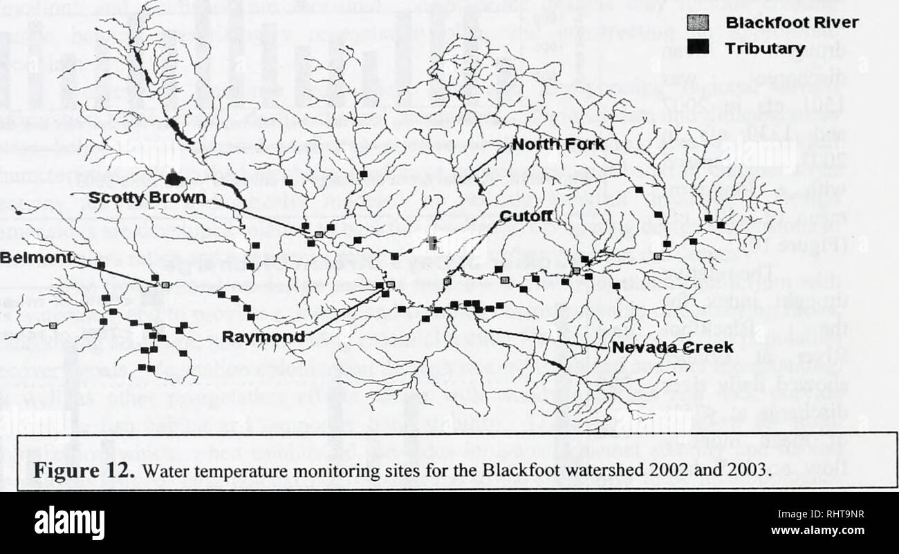 . The Big Blackfoot River restoration progress report for 2002 and 2003 . Fish populations; Fishes; Fishery management; Trout fisheries; Stream ecology; Blackfoot River (Mont. ). Blackfoot River and tributary temperatures Collecting watershed-wide water temperatures is a major element to a habitat assessment and monitoring program (Figure 12). Temperatures studies during 2002 and 2003 involved: 1) baseline and long-term data collections at established sites throughout the Blackfoot watershed; 2) assessing tributary restoration projects; 3) identifying thermal regimes (natural and anthropogenic Stock Photo