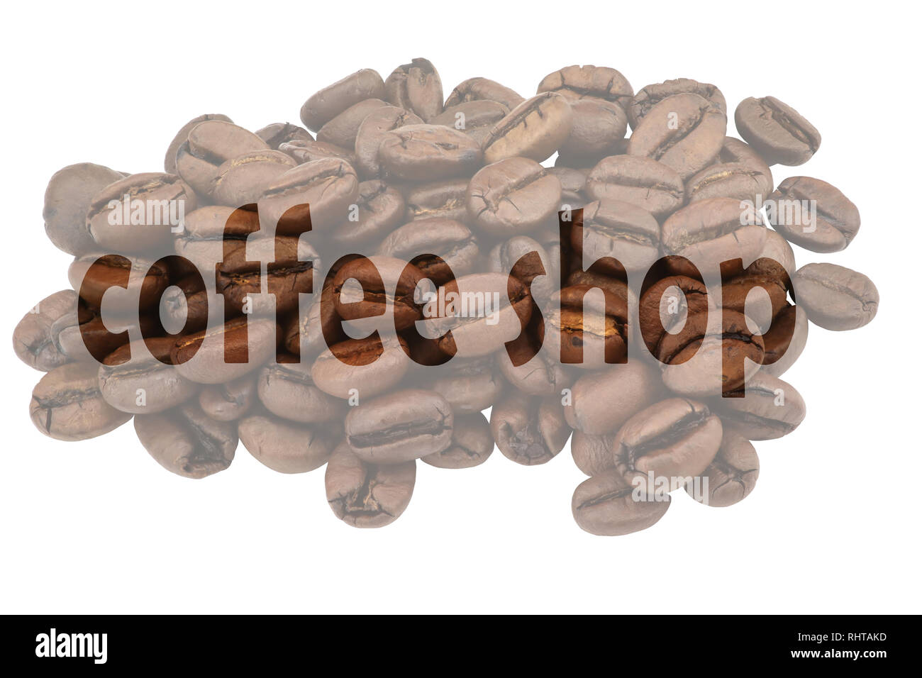 Image with highlighted text Coffee shop against pale background of coffee beans Stock Photo