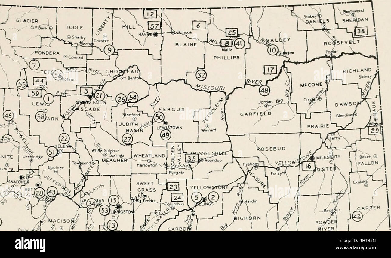 . Biennial report, Montana Game and Fish Commission, State of Montana. Montana Fish and Game Commission; Game protection; Wildlife conservation; Fisheries. MONTANA. i (20&gt; % -n. T K Vj V^T )J Racier  f •GiALISP^o. L. L PONDER* n ! V%te&lt;Q J  L -J r-J^L.-L J v7 . 0 53, 134185 STATE AND FEDERAL GAME REFUGES 1. Augusta 16. Fort Keogh 32. Little Rockies 47. Skalkaho 2. Ballantine 17. Fort Peck 33. Madison Bird 48. Snow Creek 3. Benton Lake 18. Gallatin Game 34. Manhattan 49. Snowy Mountain 4. Big Hole Basin 19. Grass Valley 35. Mason Lake 50. South Moccasin 5. Billings 20. Grave Creek 3 Stock Photo