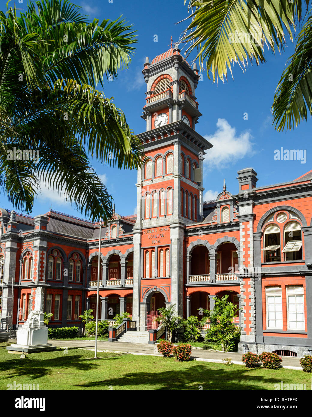 Queens Royal College, one of the Magificent Seven historical buildings in Port of Spain on Trinidad island, Trinidad and Tobago. Stock Photo