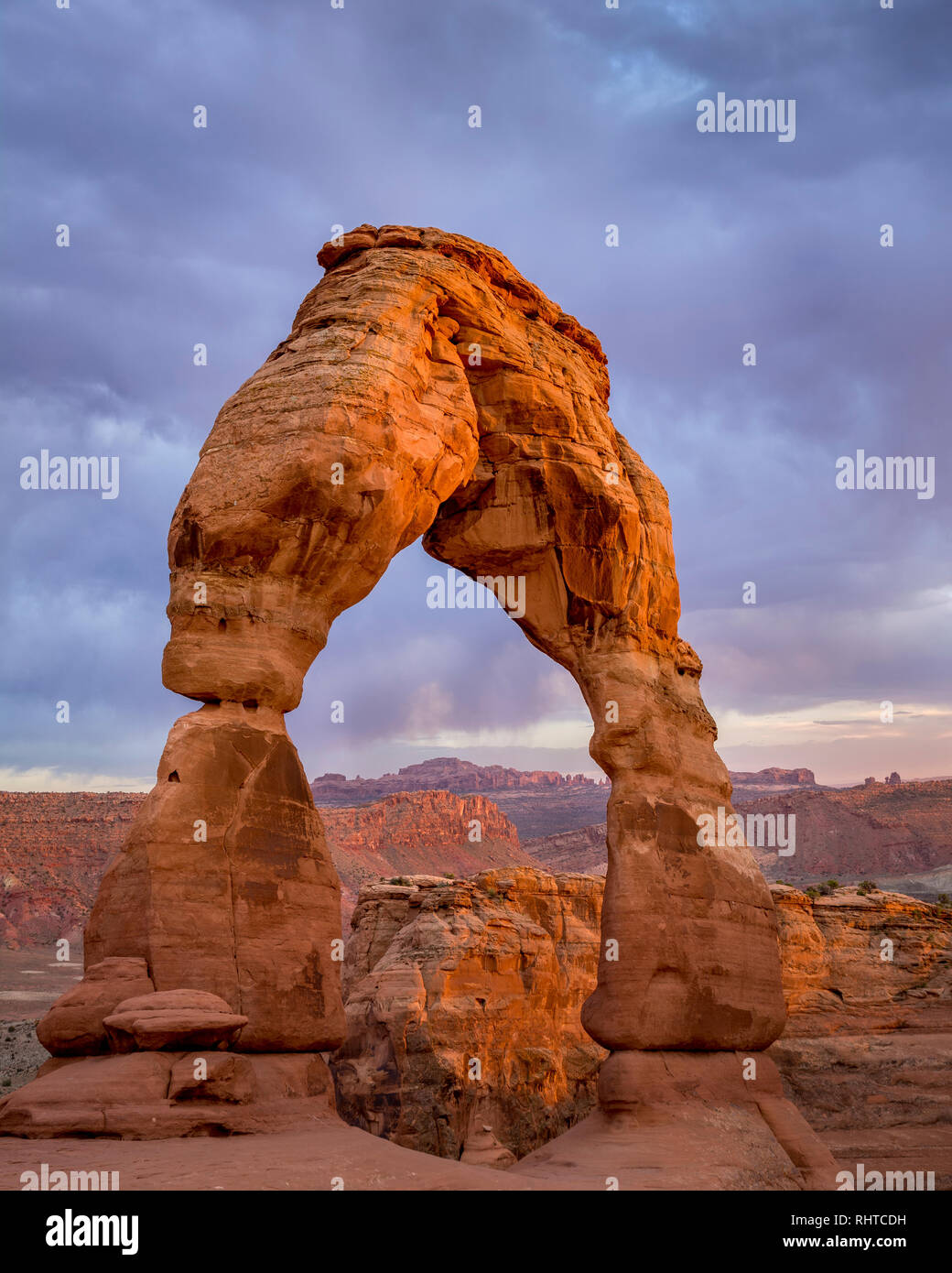 Last light on Delicate Arch; Arches National Park, Utah. Stock Photo