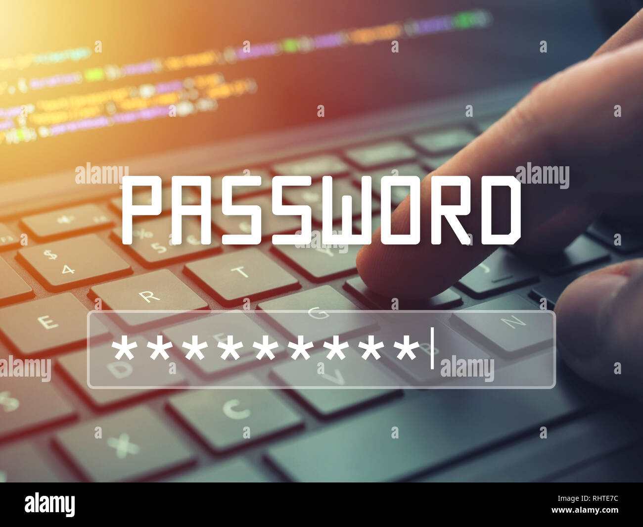 Password input on blurred background screen. Password protection against hackers. Stock Photo