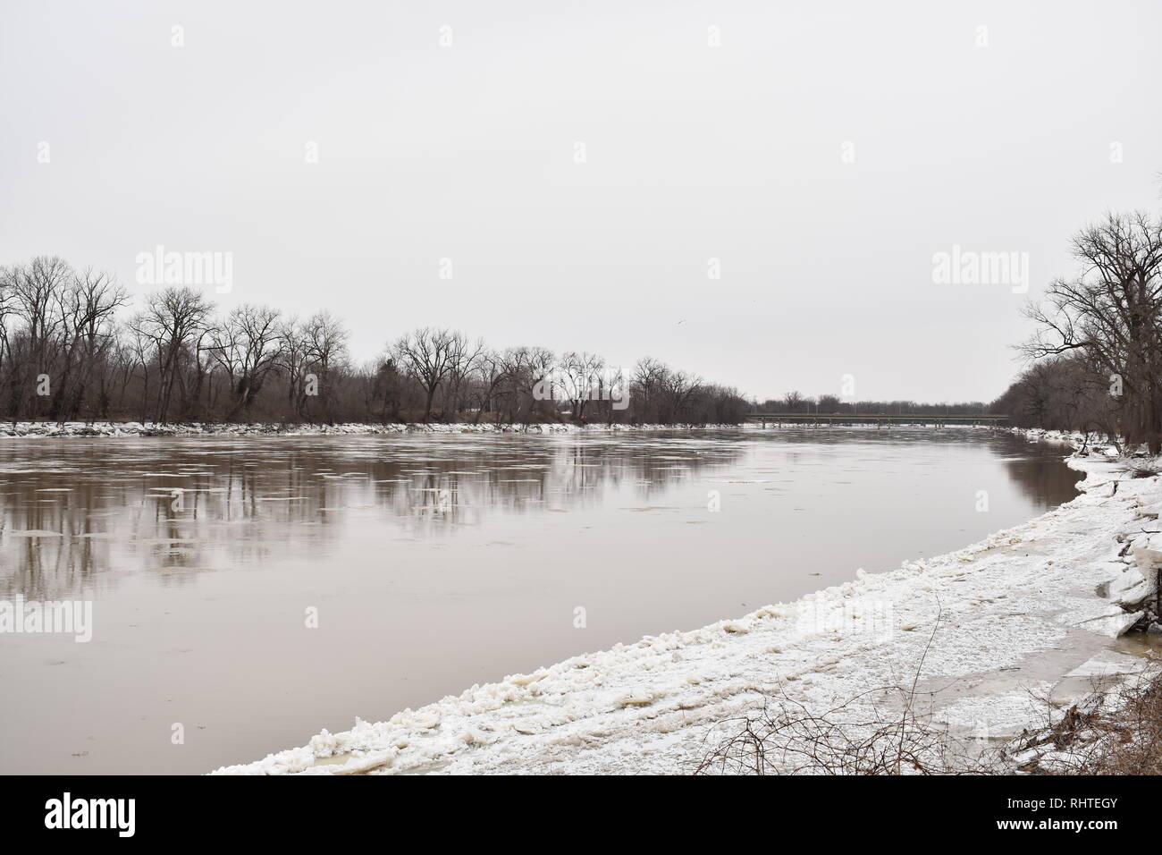 Ice chunks floating down the Wabash River in Terre Haute, Indiana during the polar vortex. January 2019 Stock Photo