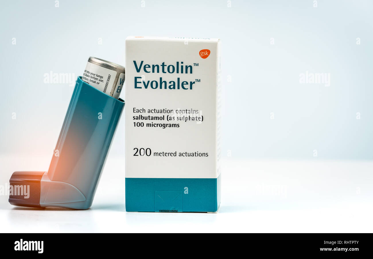 CHONBURI, THAILAND-JULY 29, 2018 : Ventolin Evohaler. Salbutamol sulphate asthma inhaler isolated on white background. Bronchodilator medicine.  Produ Stock Photo