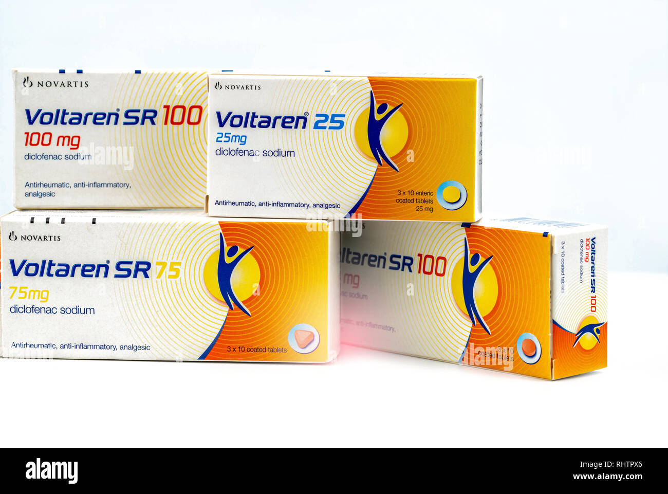 CHONBURI, THAILAND-AUGUST 3, 2018 : Voltaren 25 mg, 75 mg, 100 mg. Diclofenac sodium product of Novartis. Manufactured by Novartis,Turkey for Novatis  Stock Photo