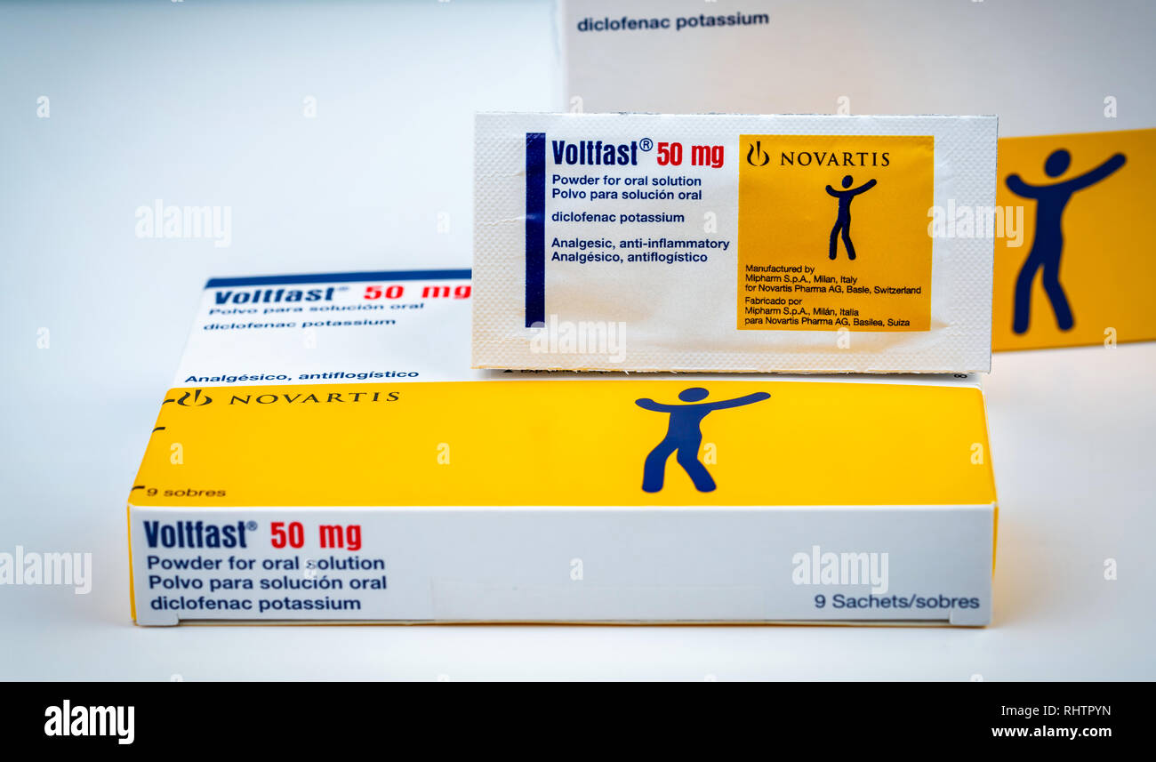 CHONBURI, THAILAND-AUGUST 3, 2018 : Voltfast 50 mg. Diclofenac potassium product of Novartis. Manufactured by Mipharm, Italy for Novatis Pharma, Switz Stock Photo