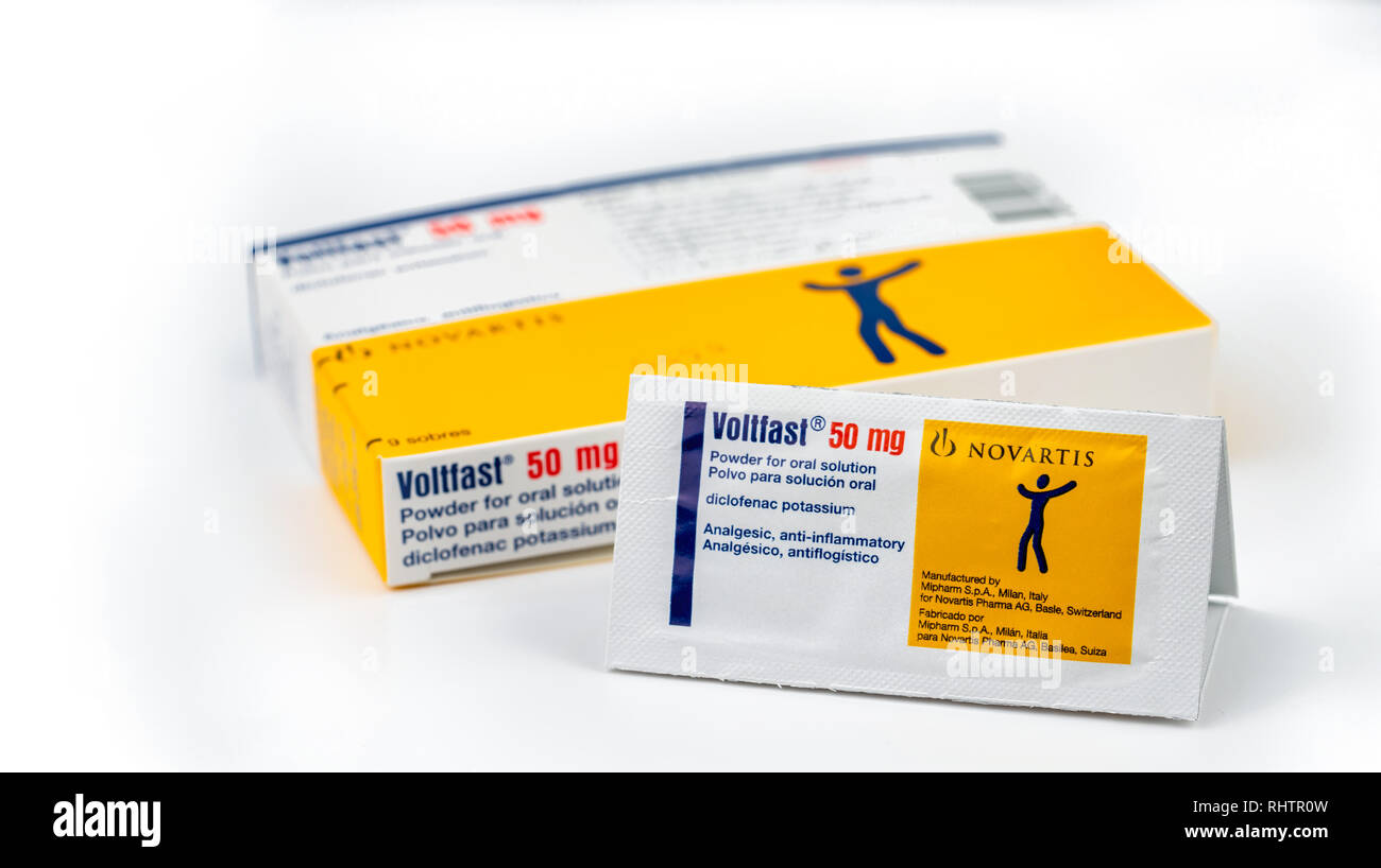 CHONBURI, THAILAND-AUGUST 3, 2018 : Voltfast 50 mg. Diclofenac potassium product of Novartis. Manufactured by Mipharm, Italy for Novatis Pharma, Switz Stock Photo