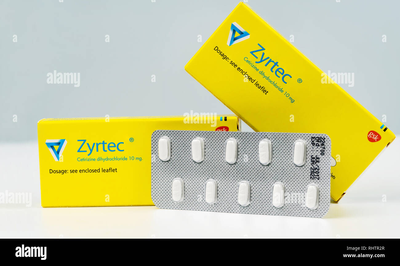 CHONBURI, THAILAND-AUGUST 3, 2018 : Zyrtec 10 mg. Cetirizine  dihydrochloride film-coated tablets product of GSK. Manufactured by UCB  FARCHIM, Switzerl Stock Photo - Alamy