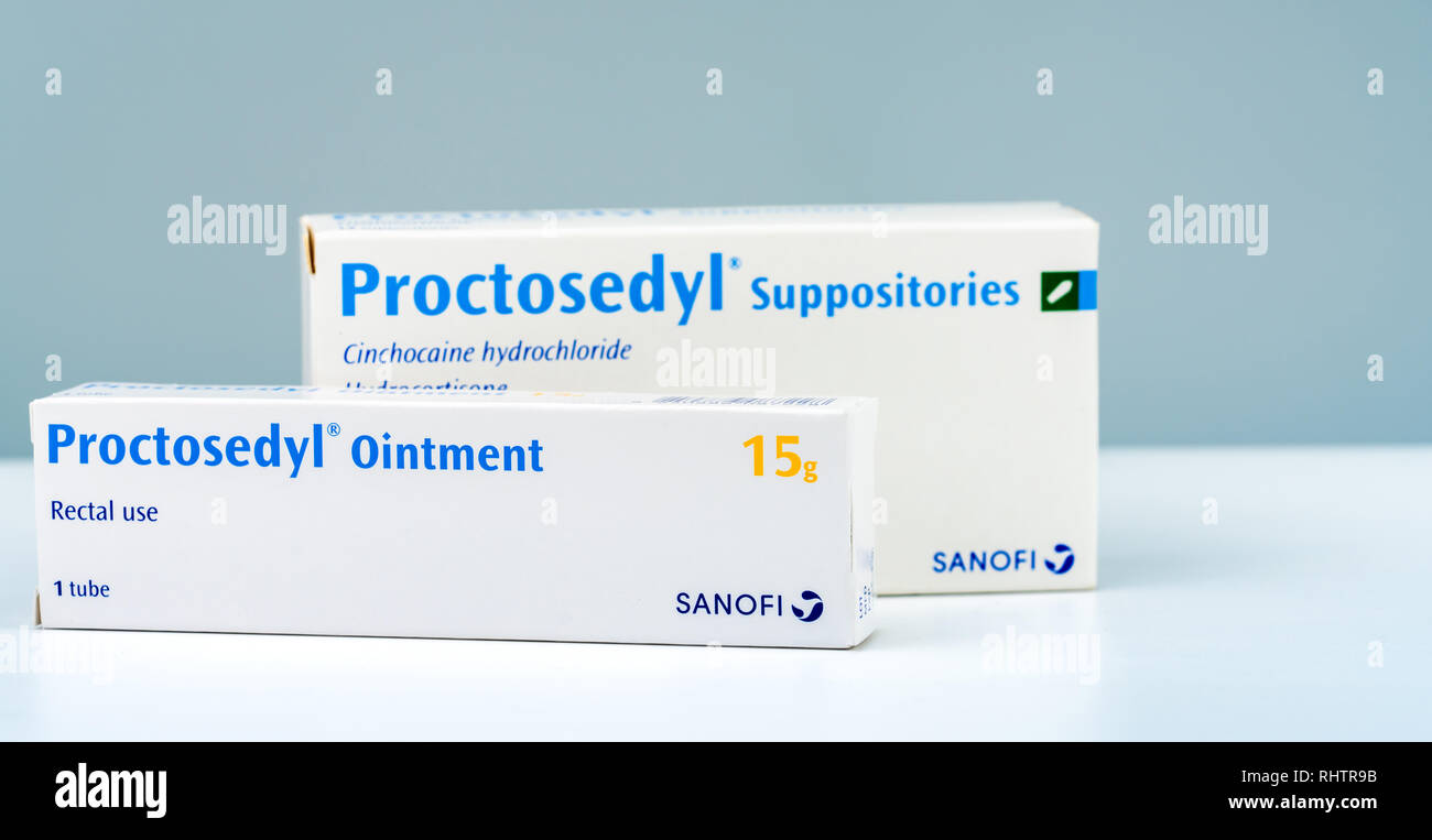 CHONBURI, THAILAND-AUGUST 3, 2018 : Proctosedyl Suppositories and Proctosedyl Ointment Rectal use. Hydrocortisone and cinchocaine for treatment haemor Stock Photo
