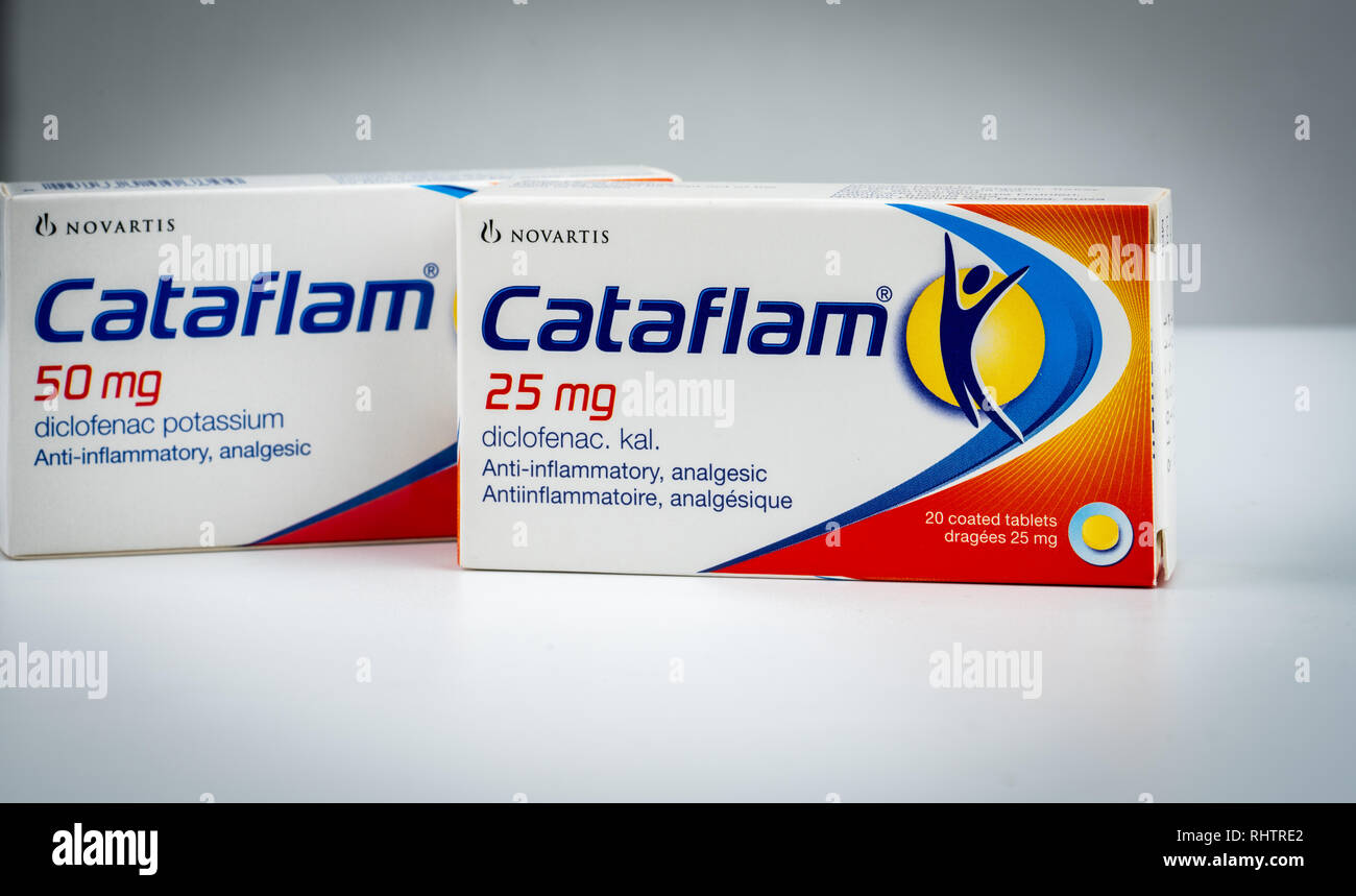 CHONBURI, THAILAND-AUGUST 3, 2018 : Cataflam 25 mg and 50 mg. Diclofenac potassium product of Novartis. Manufactured by Novartis, Turkey for Novatis. Stock Photo