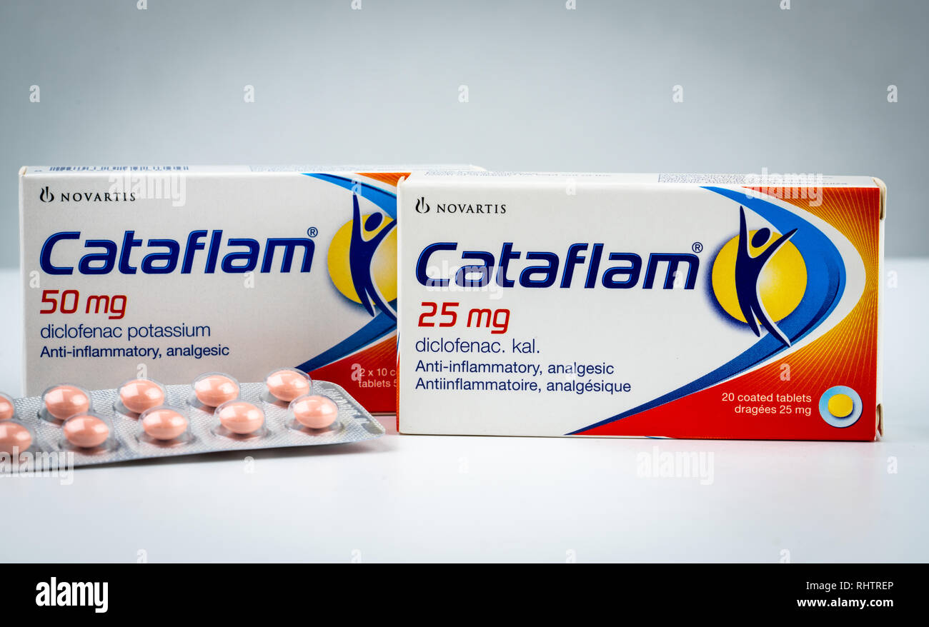 CHONBURI, THAILAND-AUGUST 3, 2018 : Cataflam 25 mg and 50 mg. Diclofenac  potassium product of Novartis. Manufactured by Novartis, Turkey for Novatis  P Stock Photo - Alamy