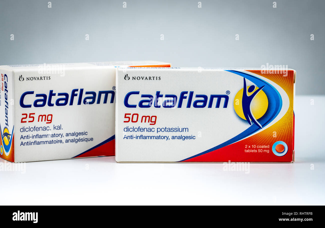 CHONBURI, THAILAND-AUGUST 3, 2018 : Cataflam 25 mg and 50 mg. Diclofenac potassium product of Novartis. Manufactured by Novartis, Turkey for Novatis P Stock Photo
