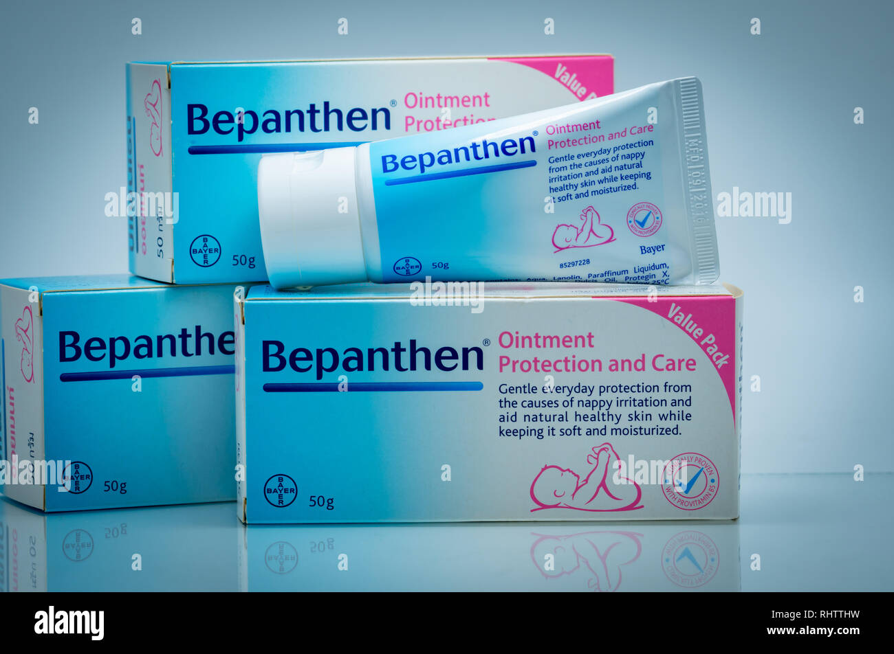 CHONBURI, THAILAND-AUGUST 6, 2018 : Bepanthen ointment protection and care. Dexpanthenol (Provitamin B5) protection skin from nappy irritation and car Stock Photo
