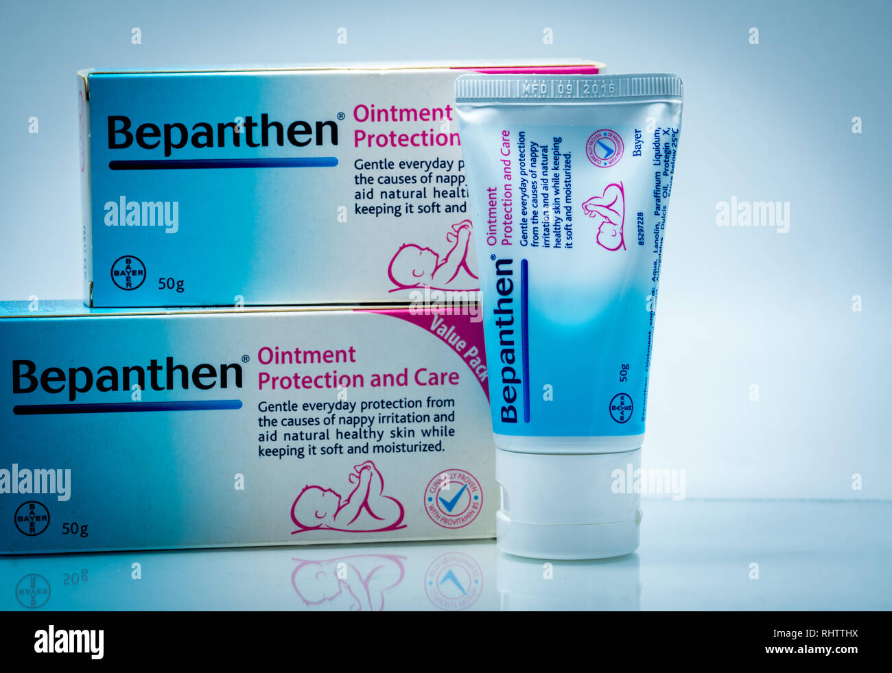 CHONBURI, THAILAND-AUGUST 6, 2018 : Bepanthen ointment protection and care. Dexpanthenol (Provitamin B5) protection skin from nappy irritation and car Stock Photo