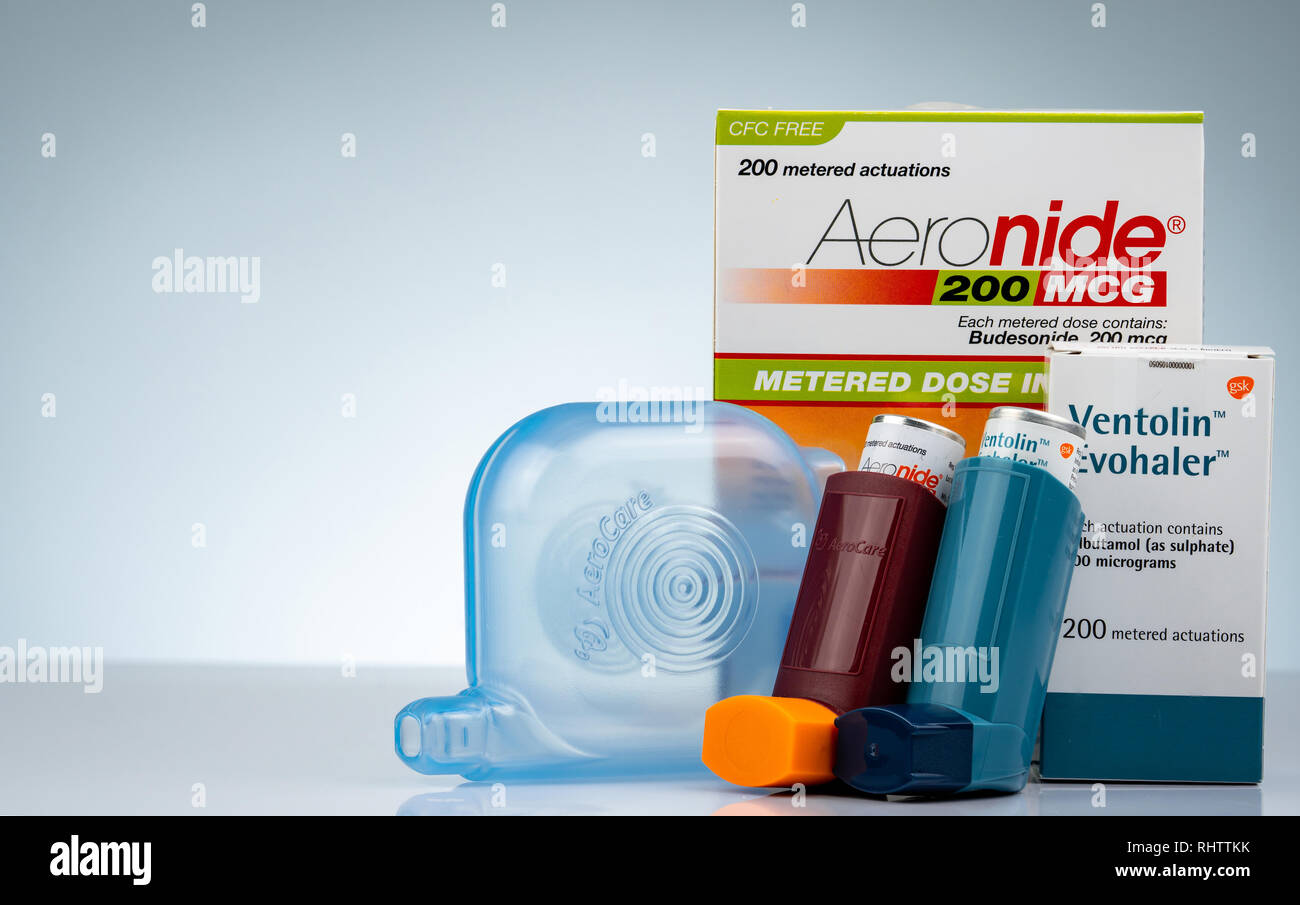 CHONBURI, THAILAND-OCTOBER 11, 2018 : Aeronide inhaler and Ventolin Evohaler and spacer isolated on gradient background. Asthma inhaler. Steroids and  Stock Photo