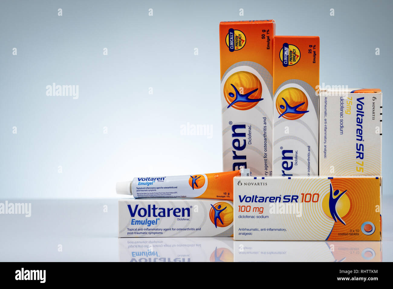 CHONBURI, THAILANDOCTOBER 11, 2018 Voltaren Emulgel and Voltaren tablets. 1 diclofenac gel