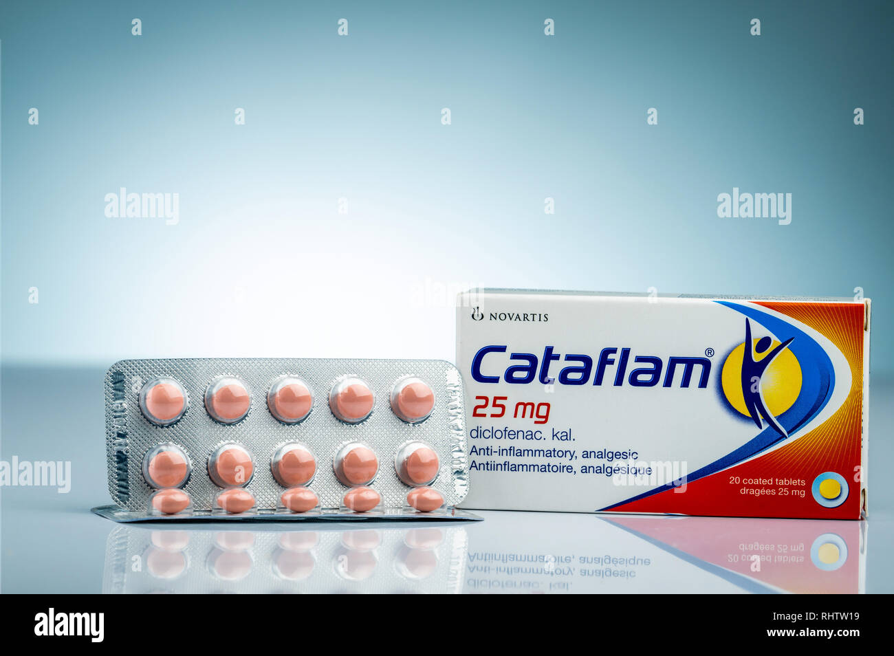 CHONBURI, THAILAND-OCTOBER 17, 2018 : Cataflam 25 mg. Diclofenac potassium product of Novartis. Manufactured by Novartis, Turkey for Novatis Pharma, S Stock Photo