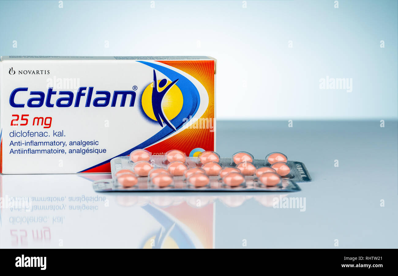 CHONBURI, THAILAND-OCTOBER 17, 2018 : Cataflam 25 mg. Diclofenac potassium product of Novartis. Manufactured by Novartis, Turkey for Novatis Pharma, S Stock Photo