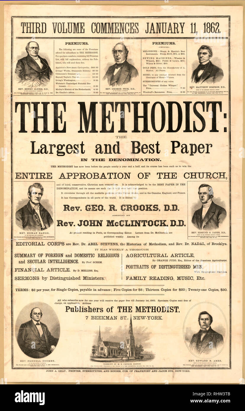 Print shows a large advertisement for 'The Methodist' a denominational newspaper published in New York Stock Photo