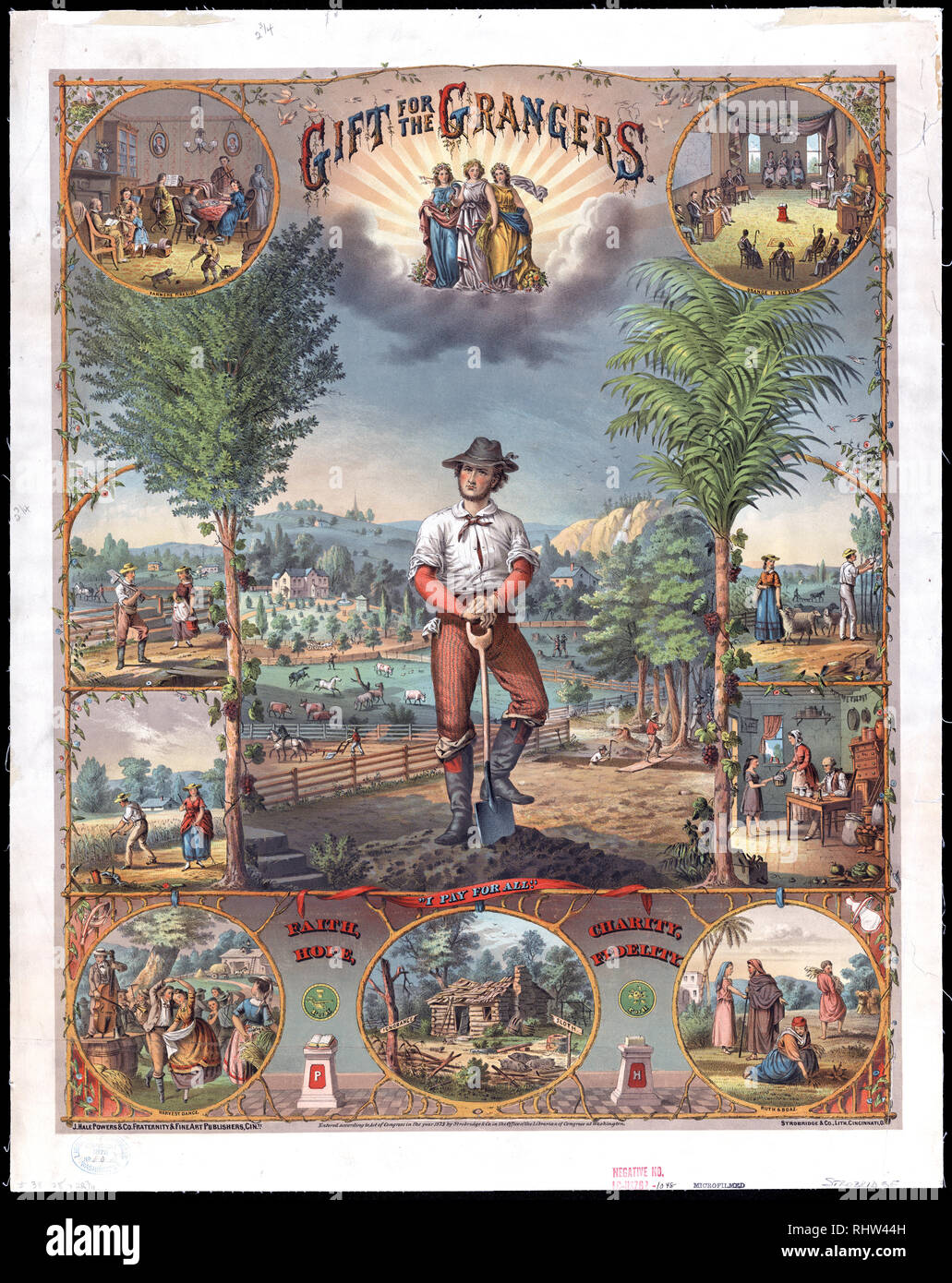 Promotional print for Grange members showing scenes of farming and farm life - farmer in a field - ca. 1873 Stock Photo