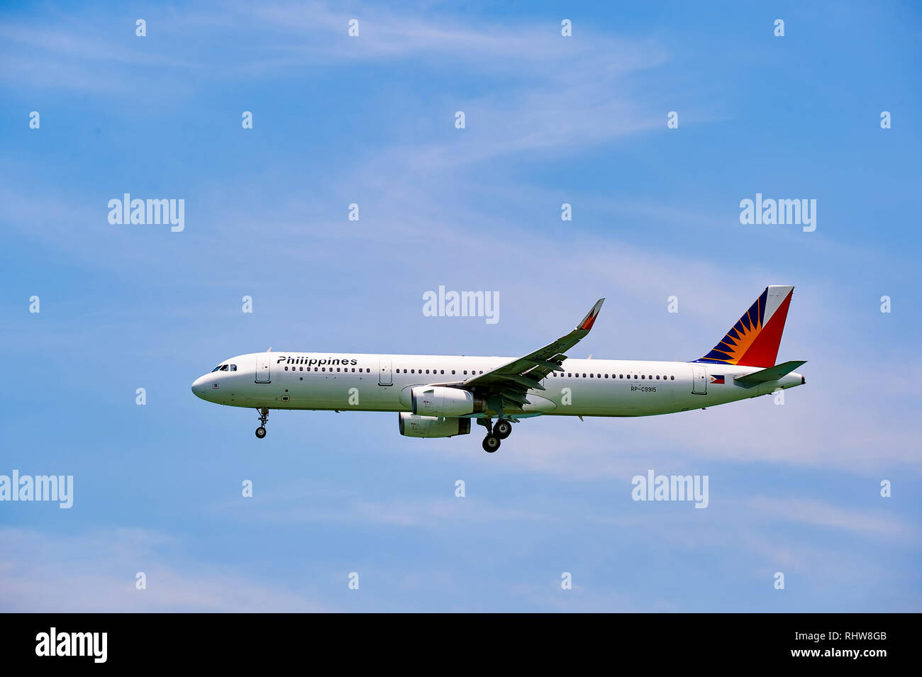 HONG KONG - JUNE 04, 2015: Philippine Airlines aircraft landing at Hong Kong airport. Philippine Airlines (PAL), a trade name of PAL Holdings, Inc. is Stock Photo