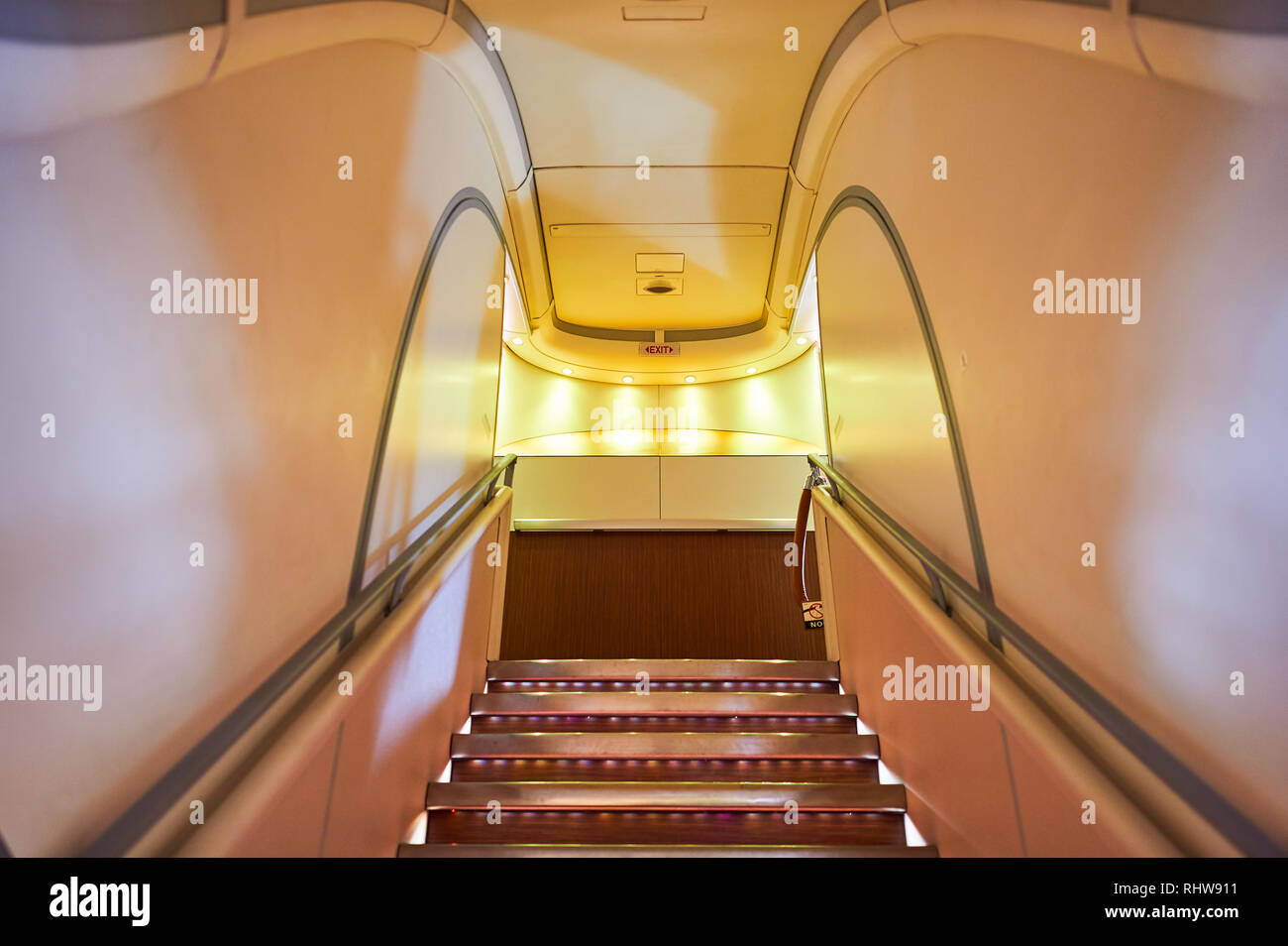 HONG KONG- NOVEMBER 10, 2015: interior of Singapore Airlines Airbus A380. Singapore Airlines Limited is the flag carrier of Singapore which operates f Stock Photo