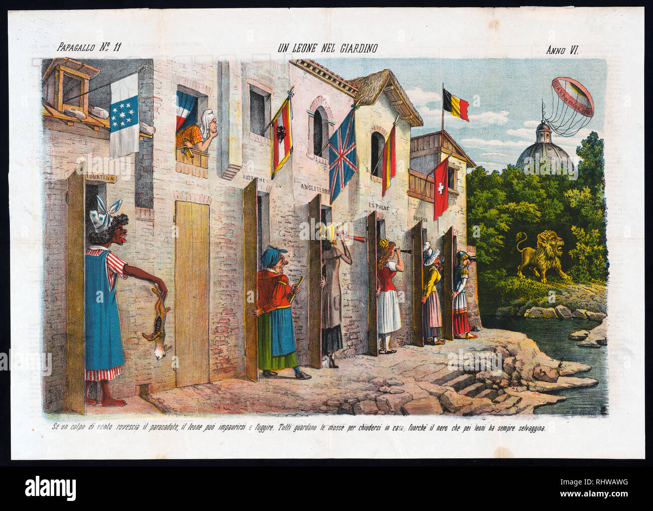 Italian political cartoon shows a large building extending from left to right center, with many doors labeled 'Equateur', [France], 'Autriche', 'Angleterre', 'Espagne', 'Suisse', and 'Belgio'; flags for each country hang from upper storey windows or parapets, and standing at each open door is a woman representing that country, most are looking to the right through telescopes at the British Lion in a garden across a small channel of water. At the door labeled 'Equateur' is an unconcerned black woman holding up a dead rabbit to offer the lion should it flee from the 'Cuarenticie Itali' parachute Stock Photo