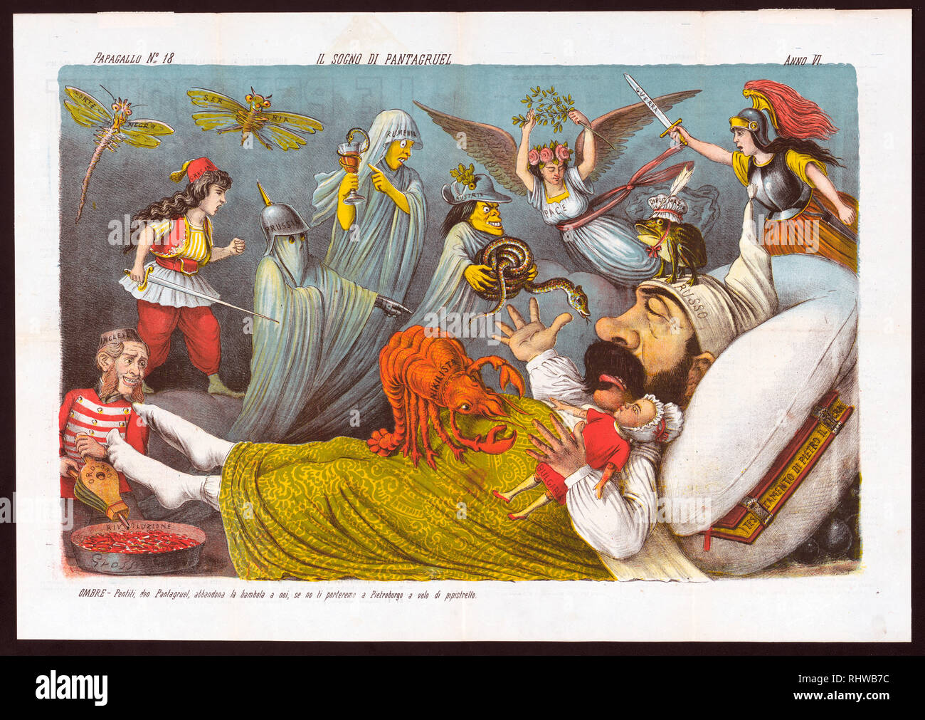 Italian political cartoon shows Alexander II, Emperor of Russia, as Pantagruel, asleep in his bed with a doll labeled 'Bulgaria' in his arms. He is having a nightmarish dream with frightening visions who demand that he give the doll to them or they will send him flying back to Saint Petersburg. Directly confronting him are insects labeled 'Montenegro' and 'Serbia', a woman labeled 'Grecia' with drawn sword, ghosts labeled 'Prussia' and 'Rumenia', and a witch labeled 'Austria' with a green sprig in her hat and a large snake in her arms, and there is a large lobster labeled 'Nikilista' crawling  Stock Photo
