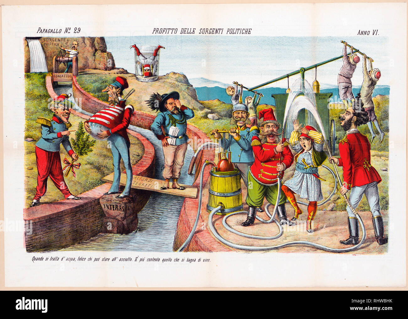 Italian political cartoon shows several of the delegates to the Congress of Berlin alongside a small canal; at the head of the canal, governing the flow of water is Otto von Bismarck gesturing toward a waterfall labeled 'Sorgente Politica' as he manipulates a dam labeled 'Congresso' Stock Photo