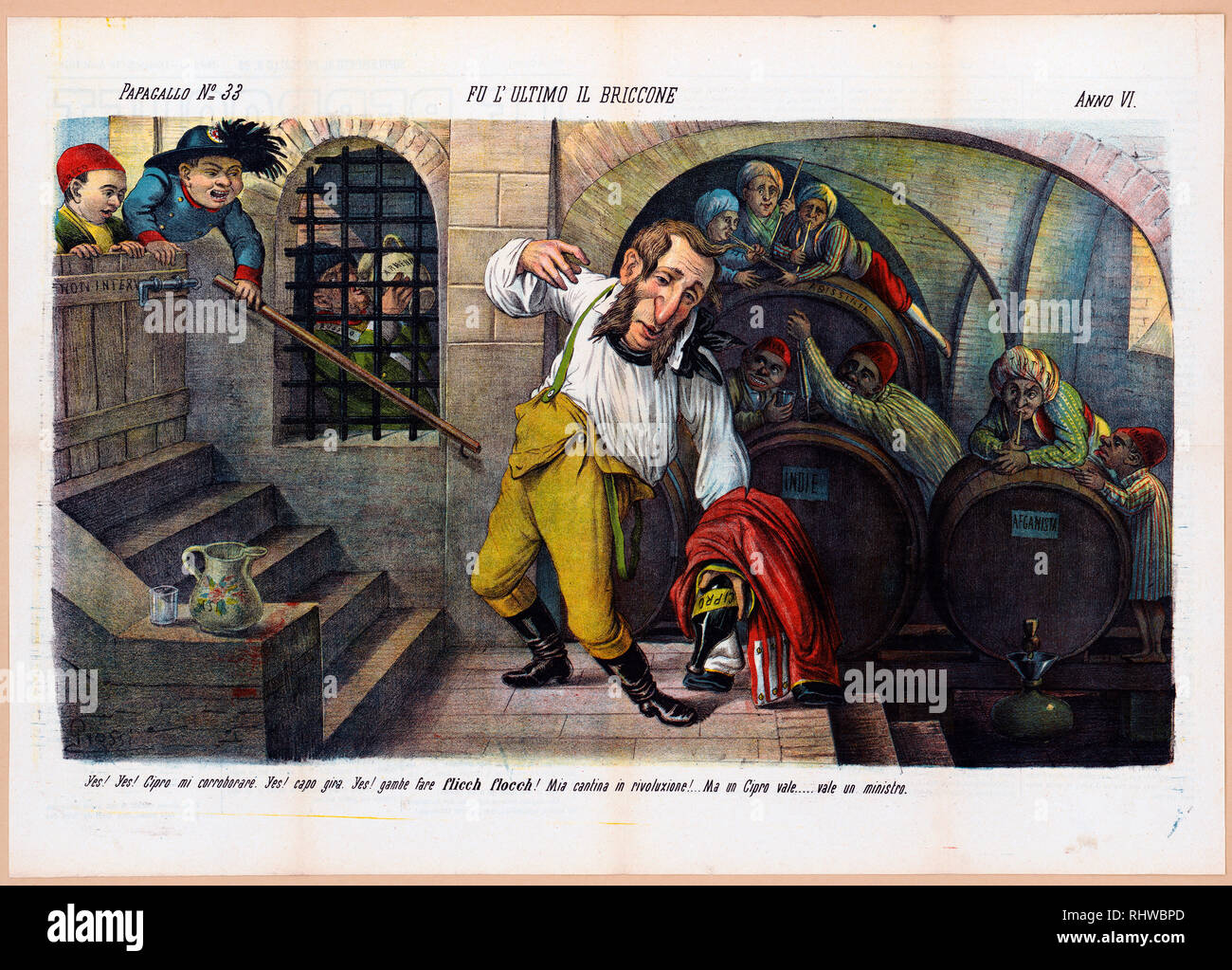 Italian political cartoon shows a drunken Englishman struggling to remain upright at the base of a stairway in a wine cellar, he is holding an empty bottle labeled 'Cipro' at his side, behind him is a wine barrel labeled 'Indie' with two men labeled 'Ayah' and 'Emir' extracting wine, a wine barrel labeled 'Afganista' with two men labeled 'Tartaro' and 'Indigens', and a barrel in the background labeled 'Abissinia' from which three men are drinking wine. Stock Photo