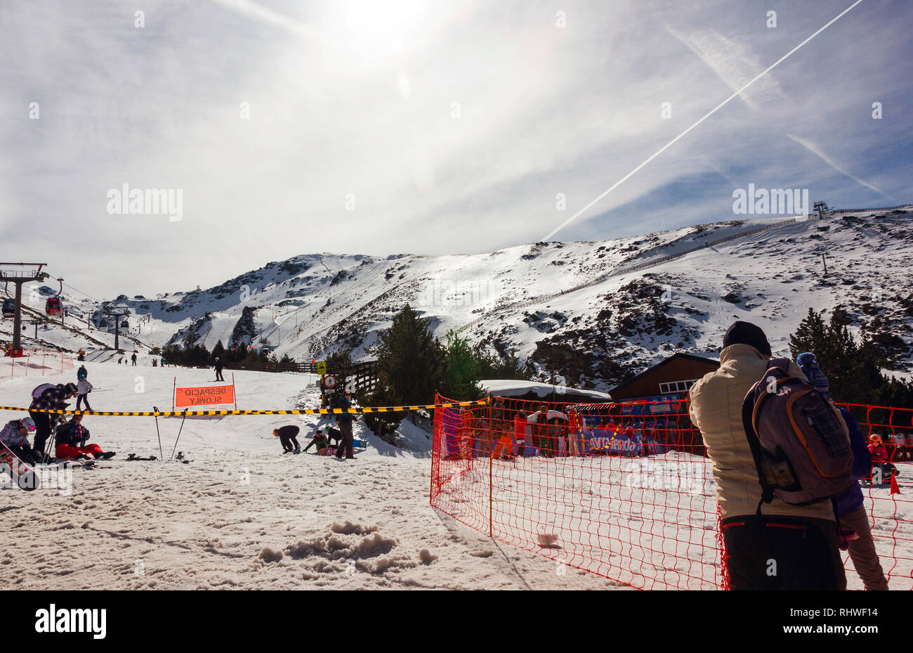 Snowy ski slopes of Pradollano ski resort in the Sierra Nevada ...