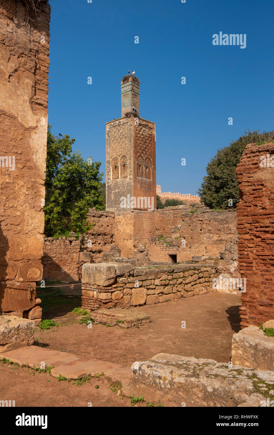 Minaret of the mosque in Chellah or Sala Colonia is a medieval fortified necropolis located in Rabat, Morocco. Park with old ruins and history forum Stock Photo