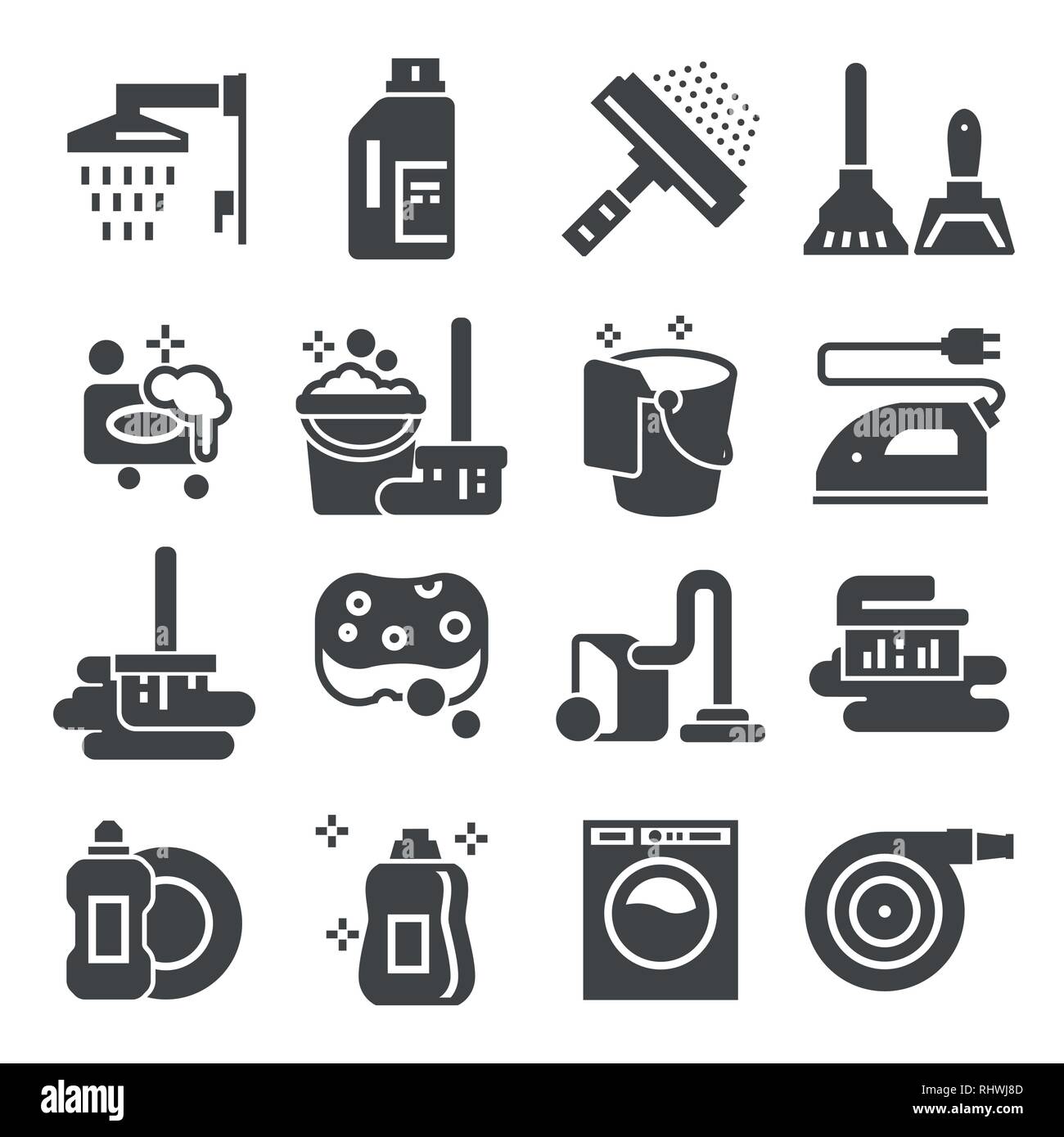 Cleaning gray icons set. Laundry, Sponge and Vacuum cleaner signs