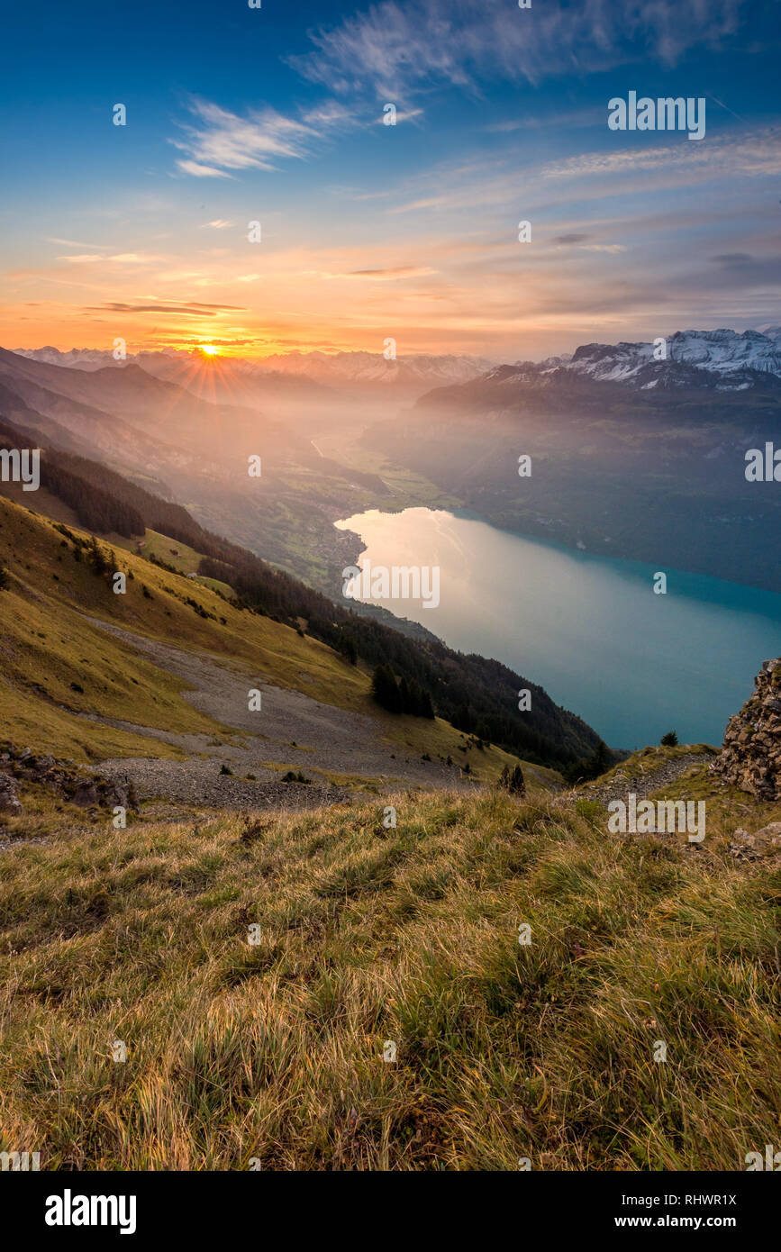 sunrise over Brienz and Lake Brienz seen from the Allgäu Lücke, Berner ...