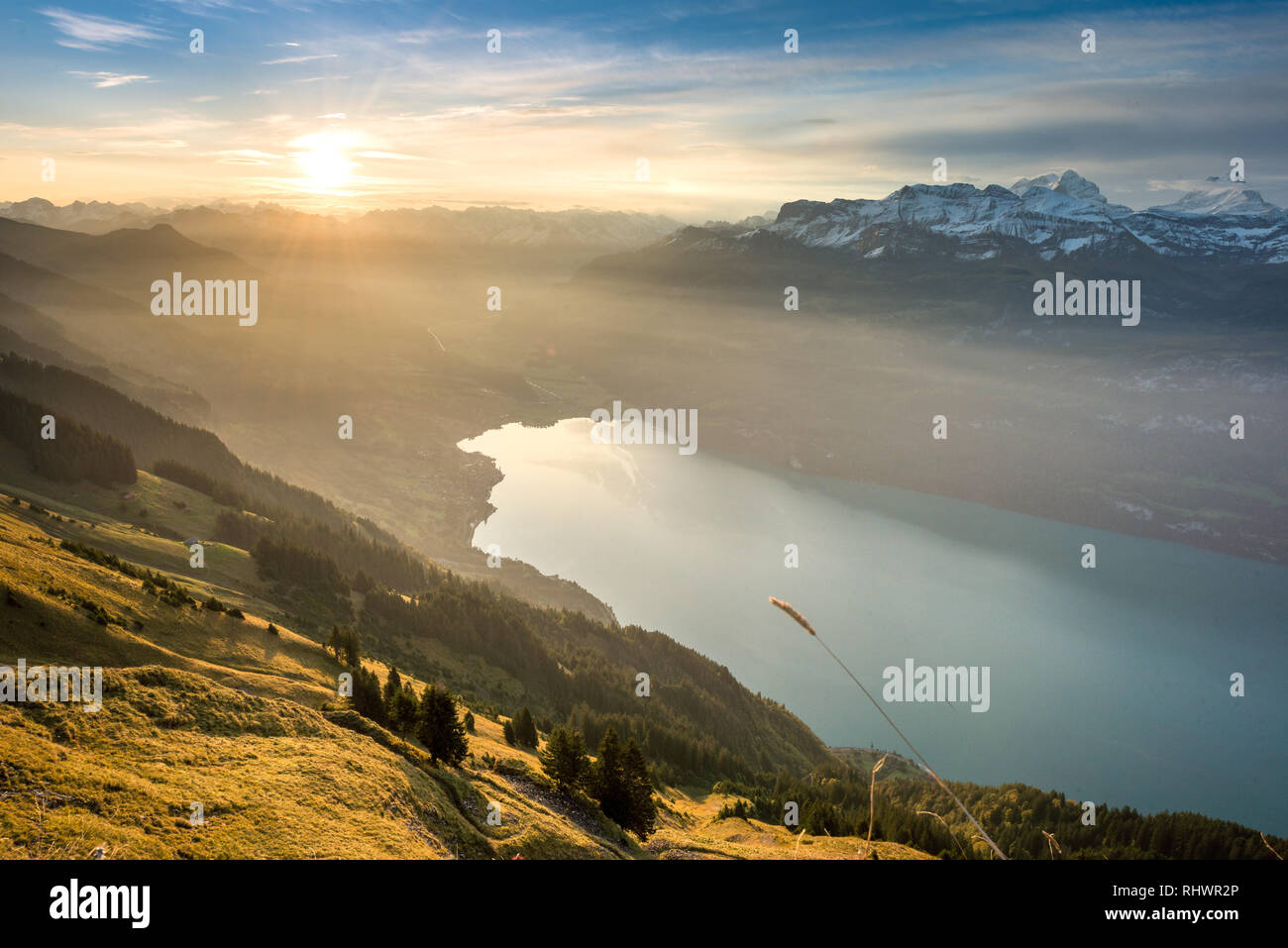 sunrise over Brienz and Lake Brienz seen from the Allgäu Lücke, Berner ...