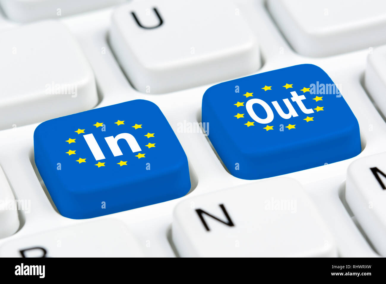 EU in and EU out online vote buttons on a computer keyboard. Stock Photo