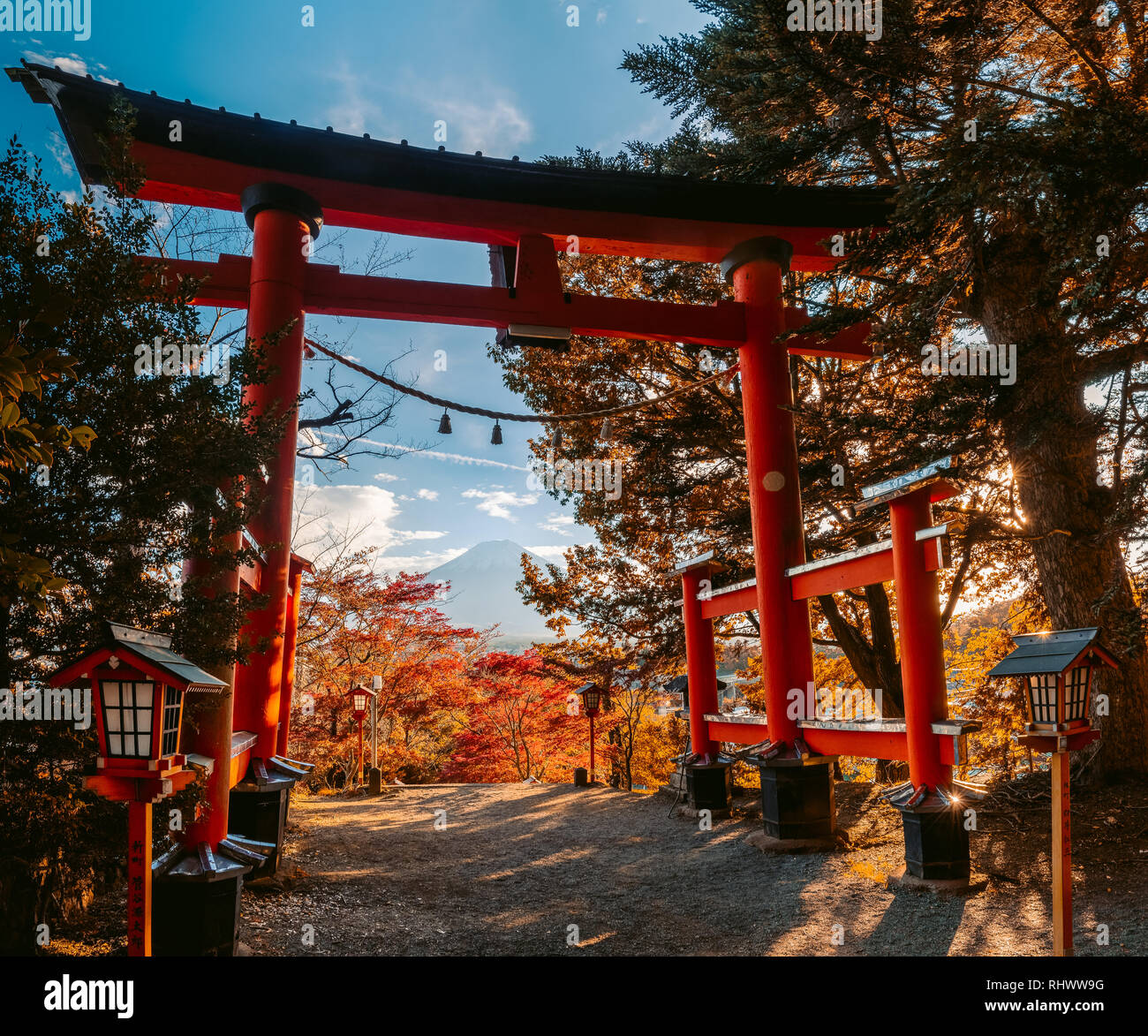 Entrance of the  Arakura Sengen Shrine which contains the famous Chureito Pagode with a beautiful view of Mount Fuji. Stock Photo