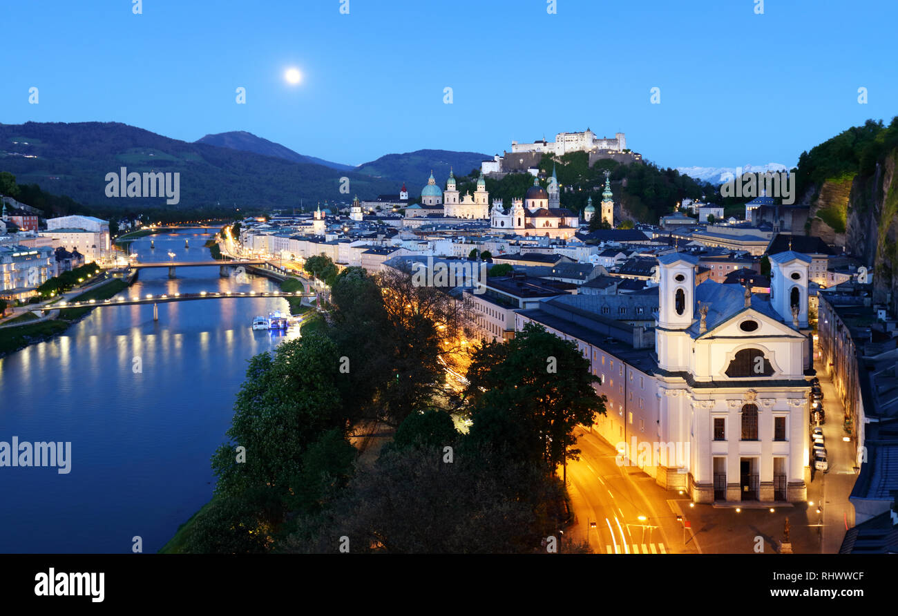 Salzburg skyline at night, Austria Stock Photo