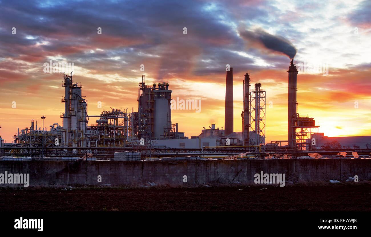 Factory with air pollution, Oil industry Stock Photo