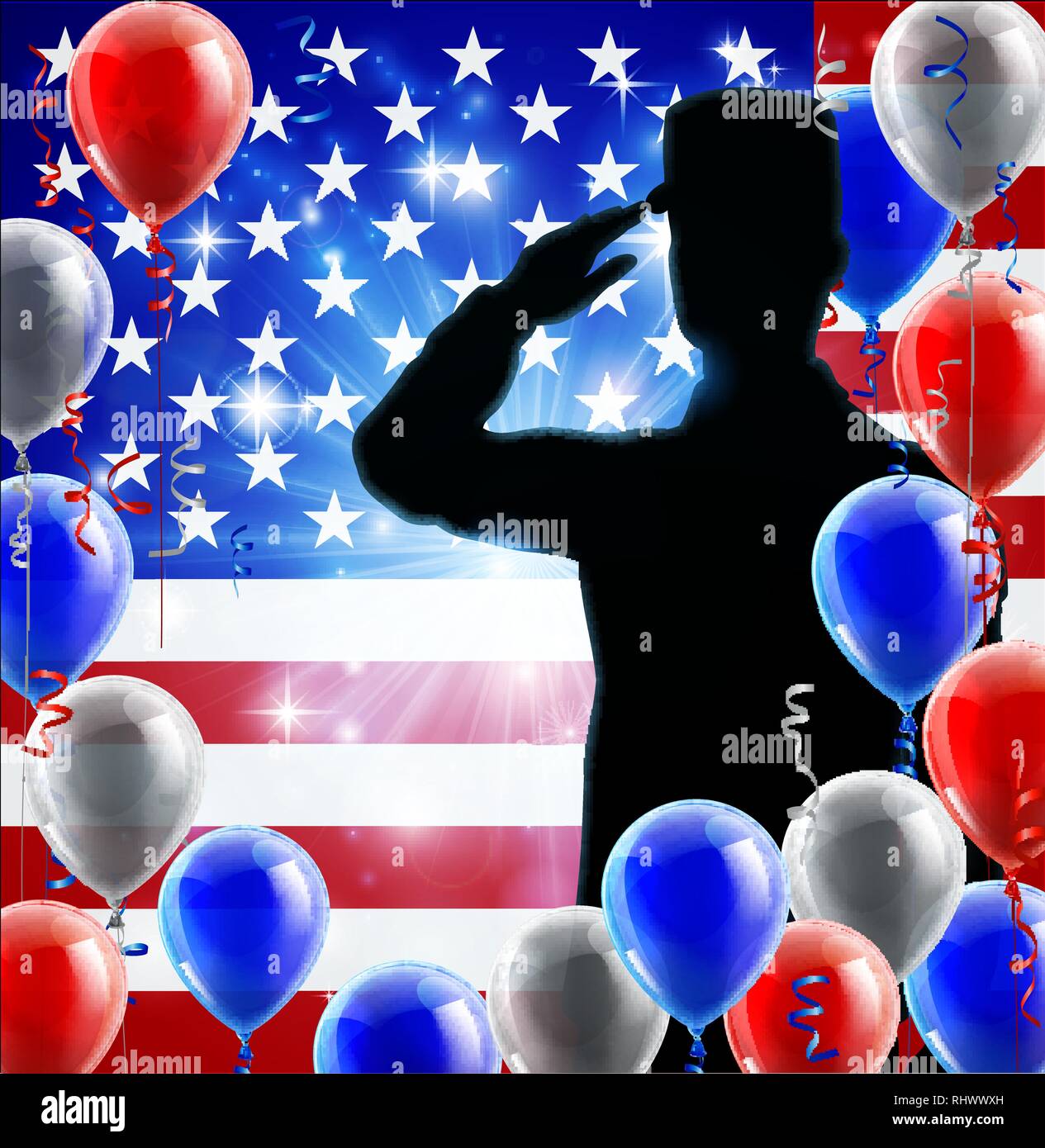 Saluting Soldier American Flag Balloon Background Stock Vector Image ...