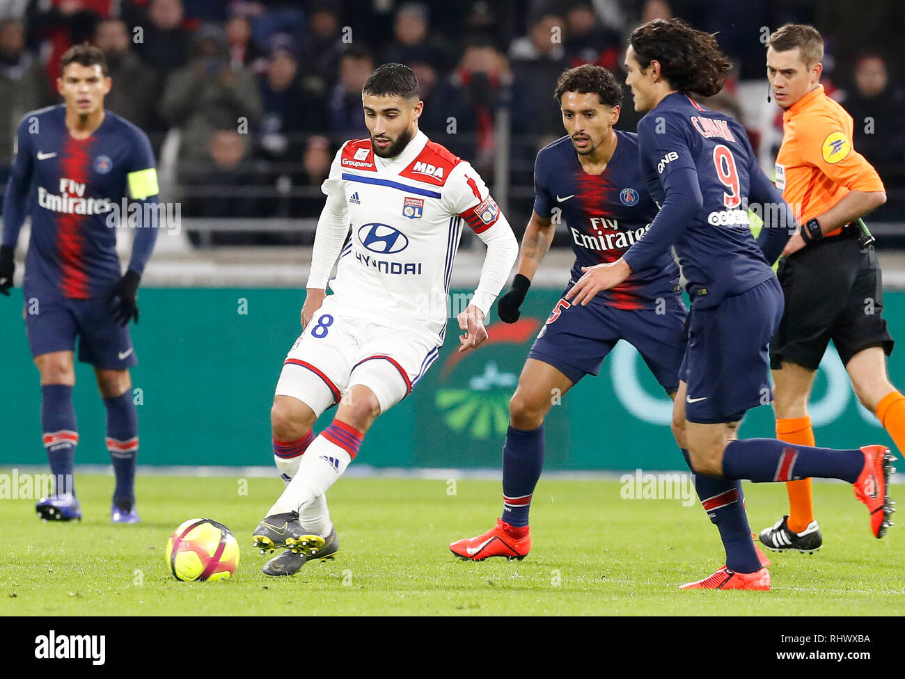 Lyon, France. 3rd Feb, 2019. Nabil Fekir of Lyon (2nd L) competes during the match of French Ligue 1 2018-19 season 23rd round match between Lyon and Paris Saint-Germain in Lyon, France, Feb. 3, 2019. Lyon won 2-1. Credit: Franck Pinaro/Xinhua/Alamy Live News Stock Photo